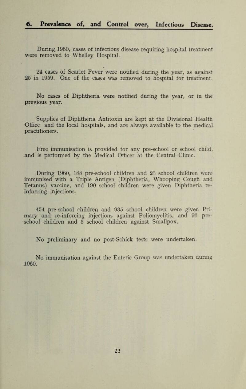 6. Prevalence of, and Control over, Infectious Disease. During 1960, cases of infectious disease requiring hospital treatment were removed to Whelley Hospital. 24 cases of Scarlet Fever were notified during the year, as against 25 in 1959. One of the cases was removed to hospital for treatment. No cases of Diphtheria were notified during the year, or in the previous year. Supplies of Diphtheria Antitoxin are kept at the Divisional Health Office and the local hospitals, and are always available to the medical practitioners. Free immunisation is provided for any pre-school or school child, and is performed by the Medical Officer at the Central Clinic. During 1960, 188 pre-school children and 23 school children were immunised with a Triple Antigen (Diphtheria, Whooping Cough and Tetanus) vaccine, and 190 school children were given Diphtheria re- inforcing injections. 454 pre-school children and 935 school children were given Pri- mary and re-inforcing injections against Poliomyelitis, and 93 pre- school children and 3 school children against Smallpox. No preliminary and no post-Schick tests were undertaken. No immunisation against the Enteric Group was undertaken during 1960.