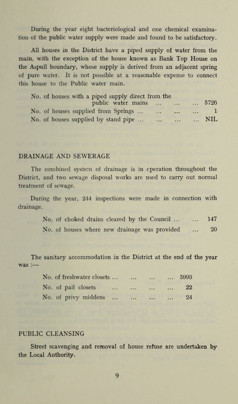 During the year eight bacteriological and one chemical examina- tion of the public water supply were made and found to be satisfactory. All houses in the District have a piped supply of water from the main, with the exception of the house known as Bank Top House on the Aspull boundary, whose supply is derived from an adjacent spring of pure water. It is not possible at a reasonable expense to connect this house to the Public water main. No. of houses with a piped supply direct from the public water mains ... ... ... 5726 No. of houses supplied from Springs ... 1 No. of houses supplied by stand pipe ... ... ... ... NIL DRAINAGE AND SEWERAGE The combined system of drainage is in operation throughout the District, and two sewage disposal works are used to carry out normal treatment of sewage. During the year, 244 inspections were made in connection with drainage. No. of choked drains cleared by the Council ... ... 147 No. of houses where new drainage was provided ... 20 The sanitary accommodation in the District at the end of the year was :— No. of freshwater closets 5993 No. of pail closets 22 No. of privy middens ... 24 PUBLIC CLEANSING Street scavenging and removal of house refuse are undertaken by the Local Authority.