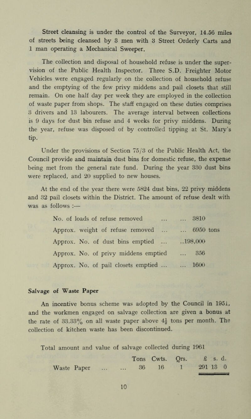 Street cleansing is under the control of the Surveyor, 14.56 miles of streets being cleansed by 3 men with 3 Street Orderly Carts and 1 man operating a Mechanical Sweeper. The collection and disposal of household refuse is under the super- vision of the Public Health Inspector. Three S.D. Freighter Motor Vehicles were engaged regularly on the collection of household refuse and the emptying of the few privy middens and pail closets that still remain. On one half day per week they are employed in the collection of waste paper from shops. The staff engaged on these duties comprises 3 drivers and 13 labourers. The average interval between collections is 9 days for dust bin refuse and 4 weeks for privy middens. During the year, refuse was disposed of by controlled tipping at St. Mary's tip. Under the provisions of Section 75/3 of the Public Health Act, the Council provide and maintain dust bins for domestic refuse, the expense being met from the general rate fund. During the year 330 dust bins were replaced, and 20 supplied to new houses. At the end of the year there were 5824 dust bins, 22 privy middens and 32 pail closets within the District. The amount of refuse dealt with was as follows :— No. of loads of refuse removed Approx, weight of refuse removed Approx. No. of dust bins emptied Approx. No. of privy middens emptied Approx. No. of pail closets emptied ... ... 3810 ... 6950 tons ..198,000 ... 356 ... 1600 Salvage of Waste Paper An incentive bonus scheme was adopted by the Council in 1951, and the workmen engaged on salvage collection are given a bonus at the rate of 33.33% on all waste paper above 4-| tons per month. The collection of kitchen waste has been discontinued. Total amount and value of salvage collected during 1961 Tons Cwts. Qrs. £ s. d. 36 16 1 291 13 0 Waste Paper