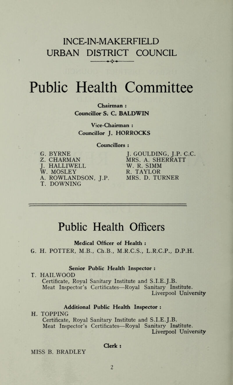 URBAN DISTRICT COUNCIL Public Health Committee Chairman : Councillor S. C. BALDWIN Vice-Chairman : Councillor J. HORROCKS Councillors : G. BYRNE Z. CHARMAN J. HALLIWELL W. MOSLEY J. GOULDING, J.P. C.C. MRS. A. SHERRATT W. R. SIMM R. TAYLOR A. ROWLANDSON, J.P. MRS. D. TURNER T. DOWNING Public Health Officers Medical Officer of Health : G. H. POTTER, M B., Ch.B., M.R.C.S., L.R.C.P., D.P.H. Senior Public Health Inspector : T. HAILWOOD Certificate, Royal Sanitary Institute and S.I.E.J.B. Meat Inspector’s Certificates—Royal Sanitary Institute. Liverpool University Additional Public Health Inspector : H. TOPPING Certificate, Royal Sanitary Institute and S.I.E.J.B. Meat Inspector’s Certificates—Royal Sanitary Institute. Liverpool University Clerk MISS B. BRADLEY