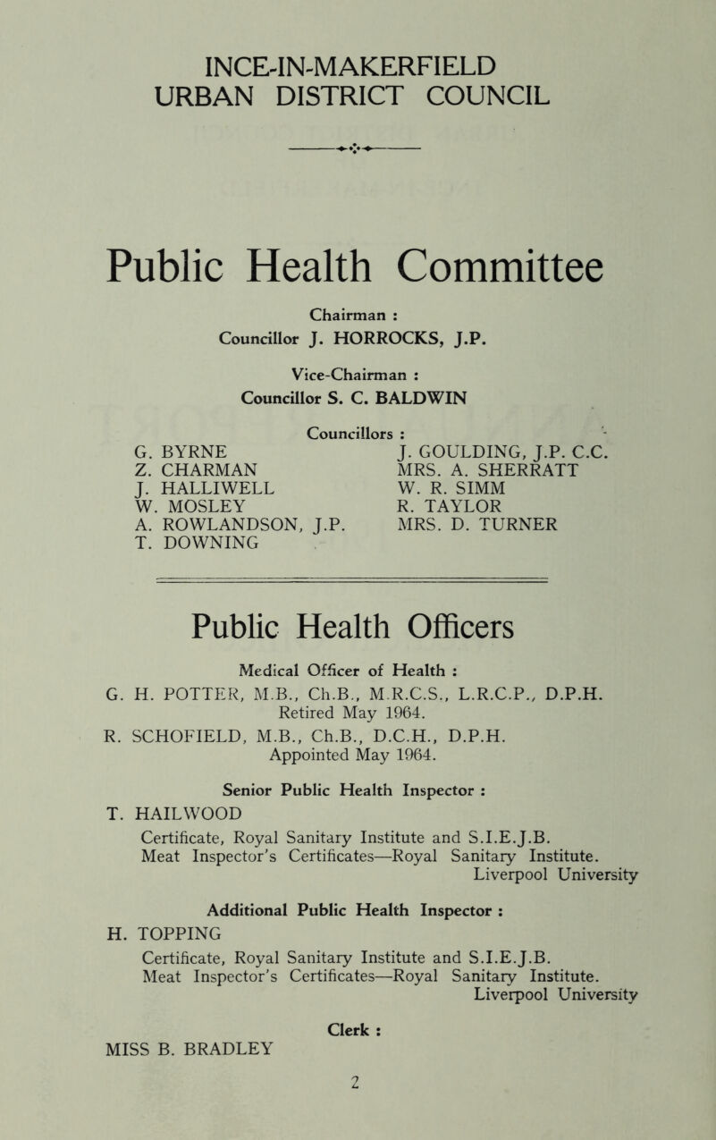 INCE-IN-MAKERFIELD URBAN DISTRICT COUNCIL Public Health Committee Chairman : Councillor J. HORROCKS, J.P. Vice-Chairman : Councillor S. C. BALDWIN Councillors : G. BYRNE Z. CHARM AN J. HALLIWELL W. MOSLEY A. ROWLANDSON, J.P. T. DOWNING J. GOULDING, J.P. C.C. MRS. A. SHERRATT W. R. SIMM R. TAYLOR MRS. D. TURNER Public Health Officers Medical Officer of Health : G. H. POTTER, M.B., Ch.B., M.R.C.S., L.R.C.P., D.P.H. Retired May 1964. R. SCHOFIELD, M.B., Ch.B., D.C.H., D.P.H. Appointed May 1964. Senior Public Health Inspector : T. HAILWOOD Certificate, Royal Sanitary Institute and S.I.E.J.B. Meat Inspector’s Certificates—Royal Sanitary Institute. Liverpool University Additional Public Health Inspector : H. TOPPING Certificate, Royal Sanitary Institute and S.I.E.J.B. Meat Inspector’s Certificates—Royal Sanitary Institute. Liverpool University Clerk : MISS B. BRADLEY