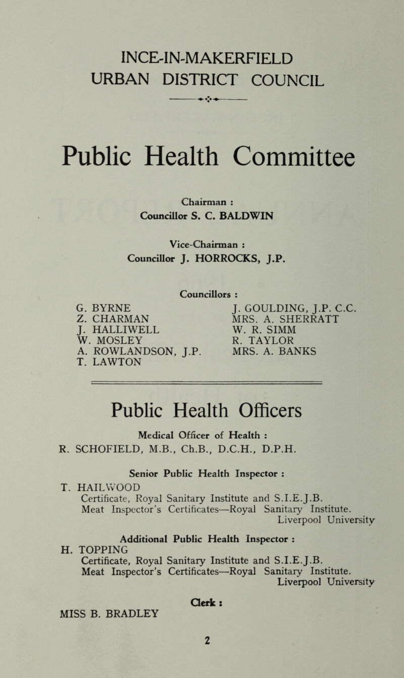 URBAN DISTRICT COUNCIL Public Health Committee Chairman : Councillor S. C. BALDWIN Vice-Chairman : Councillor J. HORROCKS, J.P. Councillors : G. BYRNE Z. CHARMAN J. HALLIWELL W. MOSLEY A. ROWLANDSON, J.P. T. LAWTON J. GOULDING, J.P. C.C. MRS. A. SHERRATT W. R. SIMM R. TAYLOR MRS. A. BANKS Public Health Officers Medical Officer of Health : R. SCHOFIELD, M.B., Ch.B., D.C.H., D.P.H. Senior Public Health Inspector : T. HAILWOOD Certificate, Royal Sanitary Institute and S.I.E.J.B. Meat Inspector's Certificates—Royal Sanitary Institute. Liverpool University Additional Public Health Inspector : H. TOPPING Certificate, Royal Sanitary Institute and S.I.E.J.B. Meat Inspector's Certificates—Royal Sanitary Institute. Liverpool University Clerk : MISS B. BRADLEY