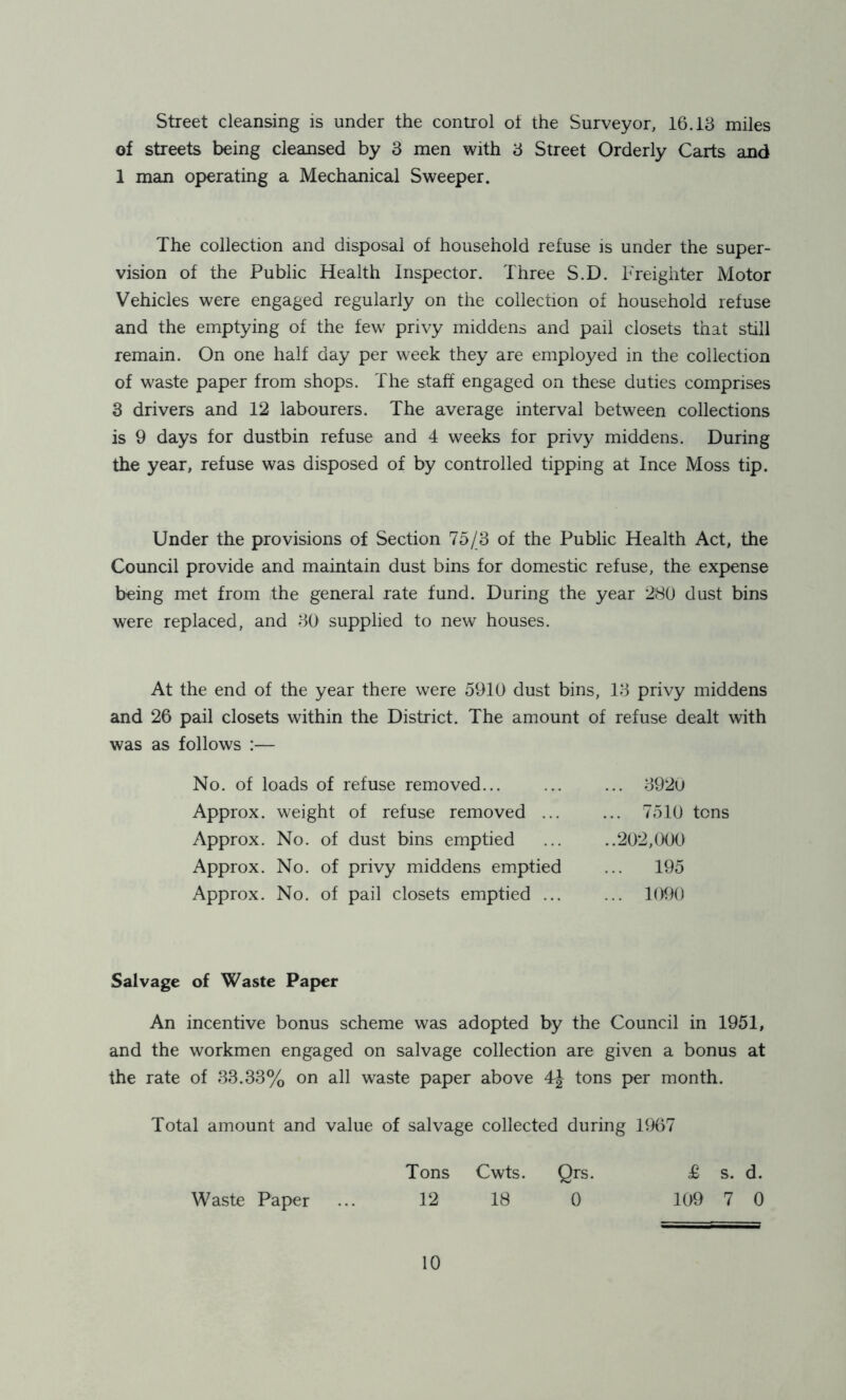 Street cleansing is under the control ot the Surveyor, 16.13 miles of streets being cleansed by 3 men with 3 Street Orderly Carts and 1 man operating a Mechanical Sweeper. The collection and disposal of household refuse is under the super- vision of the Public Health Inspector. Three S.D. Freighter Motor Vehicles were engaged regularly on the collection of household refuse and the emptying of the few privy middens and pail closets that still remain. On one half day per week they are employed in the collection of waste paper from shops. The staff engaged on these duties comprises 3 drivers and 12 labourers. The average interval between collections is 9 days for dustbin refuse and 4 weeks for privy middens. During the year, refuse was disposed of by controlled tipping at Ince Moss tip. Under the provisions of Section 75/3 of the Public Health Act, the Council provide and maintain dust bins for domestic refuse, the expense being met from the general rate fund. During the year 280 dust bins were replaced, and 30 supplied to new houses. At the end of the year there were 5910 dust bins, 13 privy middens and 26 pail closets within the District. The amount of refuse dealt with was as follows :— No. of loads of refuse removed... Approx, weight of refuse removed ... Approx. No. of dust bins emptied Approx. No. of privy middens emptied Approx. No. of pail closets emptied ... ... 3920 ... 7510 tons ..202,000 ... 195 ... 1090 Salvage of Waste Paper An incentive bonus scheme was adopted by the Council in 1951, and the workmen engaged on salvage collection are given a bonus at the rate of 33.33% on all waste paper above 4J tons per month. Total amount and value of salvage collected during 1967 Tons Cwts. Qrs. £ s. d. 12 18 0 109 7 0 Waste Paper