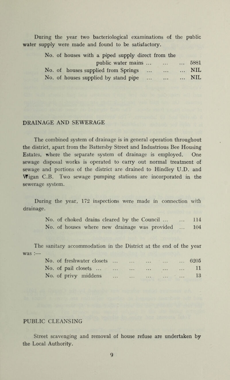 During the year two bacteriological examinations of the public water supply were made and found to be satisfactory. No. of houses with a piped supply direct from the public water mains No. of houses supplied from Springs No. of houses supplied by stand pipe 5881 NIL NIL DRAINAGE AND SEWERAGE The combined system of drainage is in general operation throughout the district, apart from the Battersby Street and Industrious Bee Housing Estates, where the separate system of drainage is employed. One sewage disposal works is operated to carry out normal treatment of sewage and portions of the district are drained to Hindley U.D. and Wigan C.B. Two sewage pumping stations are incorporated in the sewerage system. During the year, 172 inspections were made in connection with drainage. No. of choked drains cleared by the Council ... ... 114 No. of houses where new drainage was provided ... 104 The sanitary accommodation in the District at the end of the year was :— No. of freshwater closets No. of pail closets ... No. of privy middens 6205 11 13 PUBLIC CLEANSING Street scavenging and removal of house refuse are undertaken by the Local Authority.