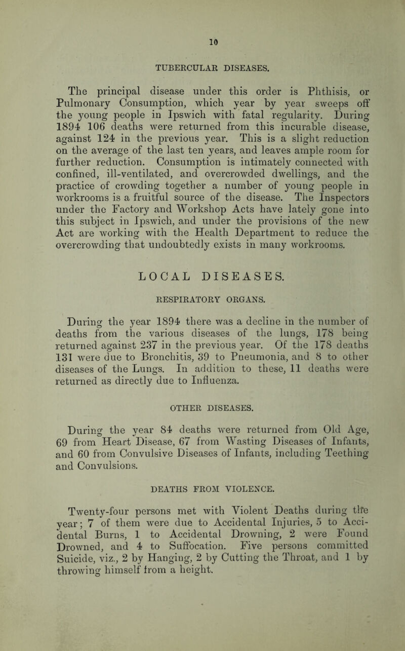 TUBERCULAR DISEASES. The principal disease under this order is Phthisis, or Pulmonary Consumption, which year by year sweeps off the young people in Ipswich with fatal regularity. During 1894 106 deaths were returned from this incurable disease, against 124 in the previous year. This is a slight reduction on the average of the last ten years, and leaves ample room for further reduction. Consumption is intimately connected with confined, ill-ventilated, and overcrowded dwellings, and the practice of crowding together a number of young people in workrooms is a fruitful source of the disease. The Inspectors under the Factory and Workshop Acts have lately gone into this subject in Ipswich, and under the provisions of the new Act are working with the Health Department to reduce the overcrowding that undoubtedly exists in many workrooms. LOCAL DISEASES. RESPIRATORY ORGANS. During the year 1894 there was a decline in the number of deaths from the various diseases of the lungs, 178 being returned against 237 in the previous year. Of the 178 deaths 131 were due to Bronchitis, 39 to Pneumonia, and 8 to other diseases of the Lungs. In addition to these, 11 deaths were returned as directly due to Influenza. OTHER DISEASES. During the year 84 deaths were returned from Old Age, 69 from Heart Disease, 67 from Wasting Diseases of Infants, and 60 from Convulsive Diseases of Infants, including Teething and Convulsions. DEATHS FROM VIOLENCE. Twenty-four persons met with Violent Deaths during tlte year; 7 of them were due to Accidental Injuries, 5 to Acci- dental Burns, 1 to Accidental Drowning, 2 were Found Drowned, and 4 to Suffocation. Five persons committed Suicide, viz., 2 by Hanging, 2 by Cutting the Throat, and 1 by throwing himself from a height.