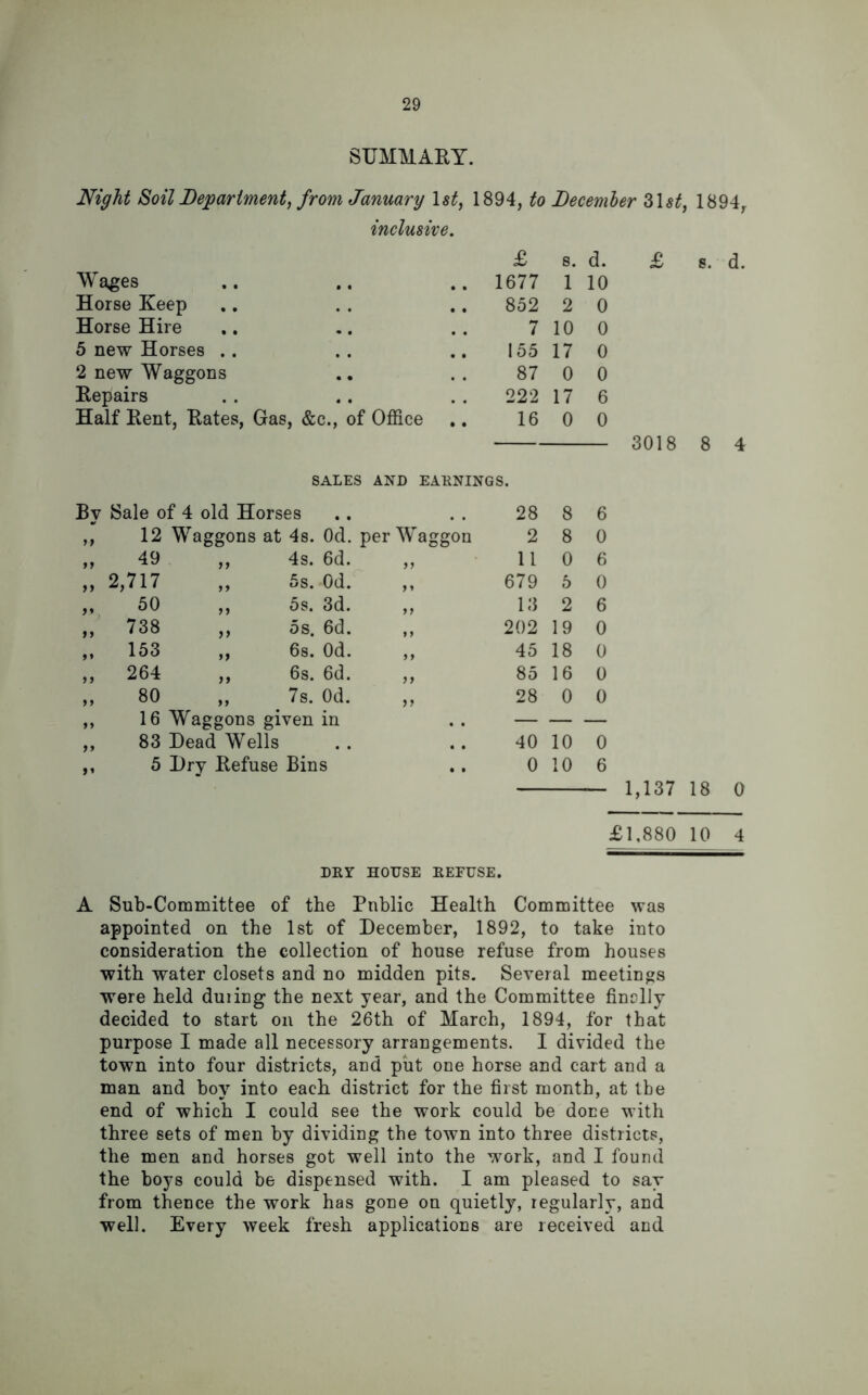 SUMMARY. Night Soil Department, from January 1st, 1894, to December 3\st, 1894, inclusive. Wages Horse Keep Horse Hire 5 new Horses .. 2 new Waggons Repairs Half Rent, Rates, Gas, &c., of Office £ s. d. £ s. d. 1677 1 10 852 2 0 7 10 0 155 17 0 87 0 0 222 17 6 16 0 0 3018 8 4 SALES AND EARNINGS. 7 Sale of 4 old Horses 28 8 6 12 Waggons at 4s. Od. per Waggon 2 8 0 49 ,, 4s. 6d. 11 0 6 2,717 „ 5s. Od. 679 5 0 50 ,, 5s. 3d. >> 13 2 6 738 ,, 5s. 6d. • > 202 19 0 153 ,, 68. Od. > t 45 18 0 264 ,, 6s. 6d. 85 16 0 80 ,, 7s. Od. if 28 0 0 16 Waggons given in — — — 83 Dead Wells ,. 40 10 0 5 Dry Refuse Bins .. 0 10 6 1,137 18 0 £1,880 10 4 DRY HOUSE REFUSE. A Sub-Committee of the Public Health Committee was appointed on the 1st of December, 1892, to take into consideration the collection of house refuse from houses with water closets and no midden pits. Several meetings were held duiing the next year, and the Committee finally decided to start on the 26th of March, 1894, for that purpose I made all necessory arrangements. I divided the town into four districts, and put one horse and cart and a man and boy into each district for the first month, at tbe end of which I could see the work could be done with three sets of men by dividing the town into three districts, the men and horses got well into the work, and I found the boys could be dispensed with. I am pleased to say from thence the work has gone on quietly, regularly, and well. Every week fresh applications are received and