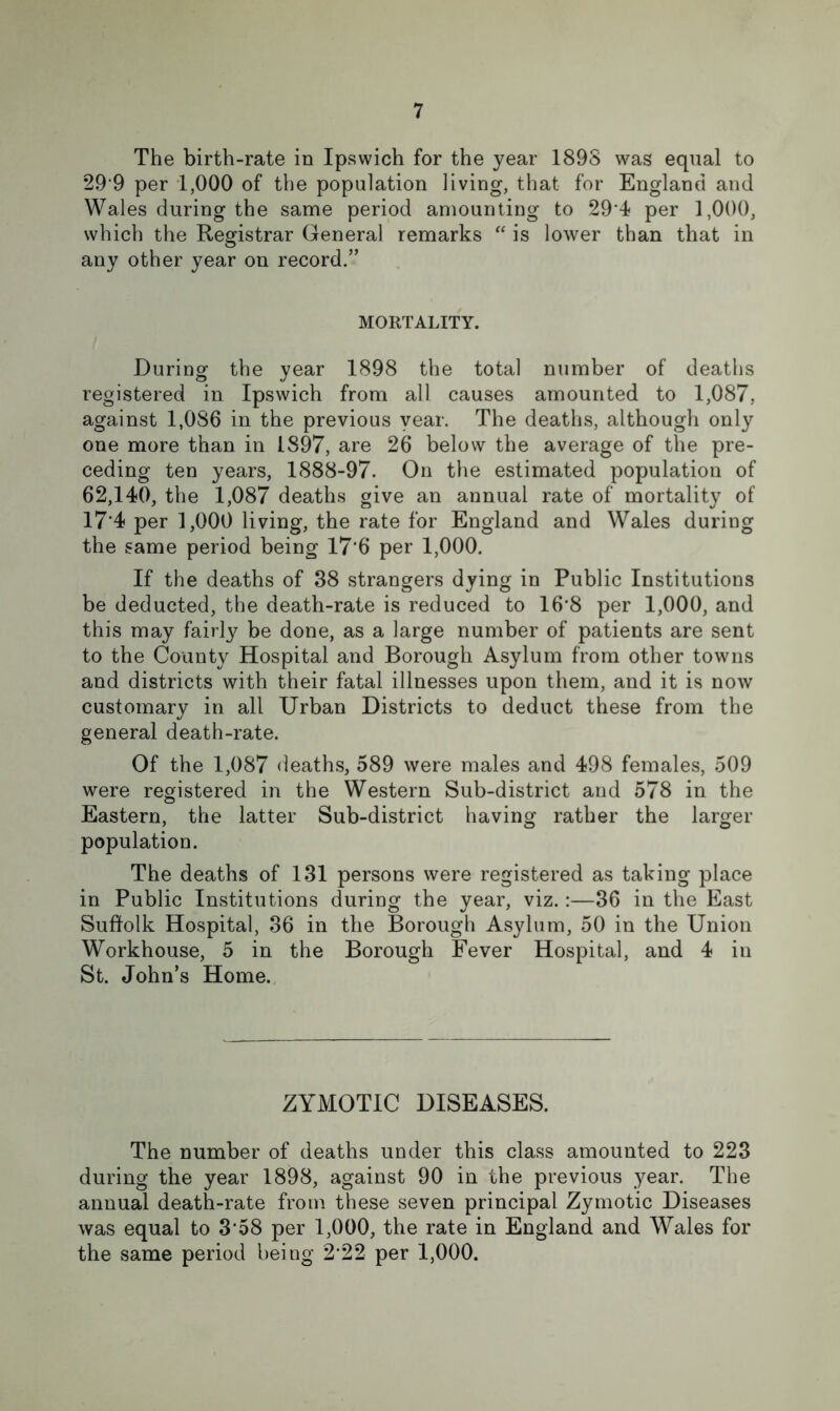 The birth-rate in Ipswich for the year 189S was equal to 29 9 per 1,000 of the population living, that for England and Wales during the same period amounting to 29’4 per 1,000, which the Registrar General remarks “ is lower than that in any other year on record.” MORTALITY. During the year 1898 the total number of deaths registered in Ipswich from all causes amounted to 1,087, against 1,086 in the previous year. The deaths, although only one more than in 1897, are 26 below the average of the pre- ceding ten years, 1888-97. On the estimated population of 62,140, the 1,087 deaths give an annual rate of mortality of 17‘4 per 1,000 living, the rate for England and Wales during the same period being 17'6 per 1,000. If the deaths of 38 strangers dying in Public Institutions be deducted, the death-rate is reduced to 16’8 per 1,000, and this may fairly be done, as a large number of patients are sent to the County Hospital and Borough Asylum from other towns and districts with their fatal illnesses upon them, and it is now customary in all Urban Districts to deduct these from the general death-rate. Of the 1,087 deaths, 589 were males and 498 females, 509 were registered in the Western Sub-district and 578 in the Eastern, the latter Sub-district having rather the larger population. The deaths of 131 persons were registered as taking place in Public Institutions during the year, viz.:—36 in the East Suffolk Hospital, 36 in the Borough Asylum, 50 in the Union Workhouse, 5 in the Borough Fever Hospital, and 4 in St. John’s Home. ZYMOTIC DISEASES. The number of deaths under this class amounted to 223 during the year 1898, against 90 in the previous year. The annual death-rate from these seven principal Zymotic Diseases was equal to 3‘58 per 1,000, the rate in England and Wales for the same period being 222 per 1,000.