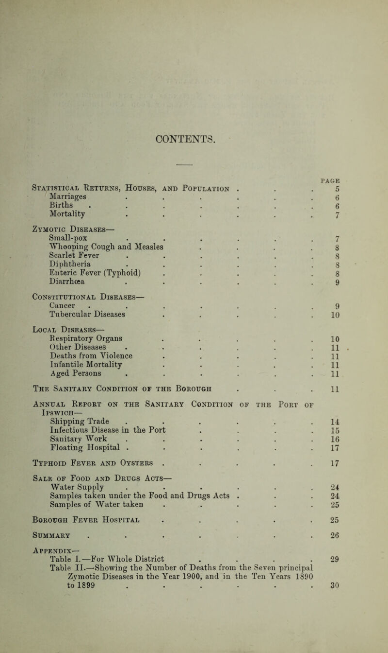 CONTENTS. PAGE Statistical Returns, Houses, and Population . . .5 Marriages . . . . . .6 Births ....... 6 Mortality . . . . . .7 Zymotic Diseases— Small-pox . . . . . ,7 Wliooping Cough and Measles . . . .8 Scarlet Fever . . . . . .8 Diphtheria . . . . . .8 Enteric Fever (Typhoid) . . . . .8 Diarrhoea . . . . . .9 Constitutional Diseases— Cancer . . . . . . .9 Tubercular Diseases . . . . .10 Local Diseases— Respiratory Organs . . . . .10 Other Diseases . . . . . . 11 . Deaths from Violence . . . . .11 Infantile Mortality . . . . .11 Aged Persons . . . . . .11 The Sanitary Condition of the Borough . . .11 Annual Report on the Sanitary Condition of the Port of Ipswich— Shipping Trade . . . . . .14 Infectious Disease in the Port . . . .15 Sanitary Work . . . . . .16 Floating Hospital . . . . . .17 Typhoid Fever and Oysters . . . . .17 Sale of Food and Drugs Acts— Water Supply . . . . . .24 Samples taken under the Food and Drugs Acts . . .24 Samples of Water taken . . . . .25 Borough Fever Hospital . . . . .25 Summary . . . . . .26 Appendix— Table I.—For Whole District . . . .29 Table II.—Showing the Number of Deaths from the Seven principal Zymotic Diseases in the Year 1900, and in the Ten Years 1890 to 1899 . . . . . . 30