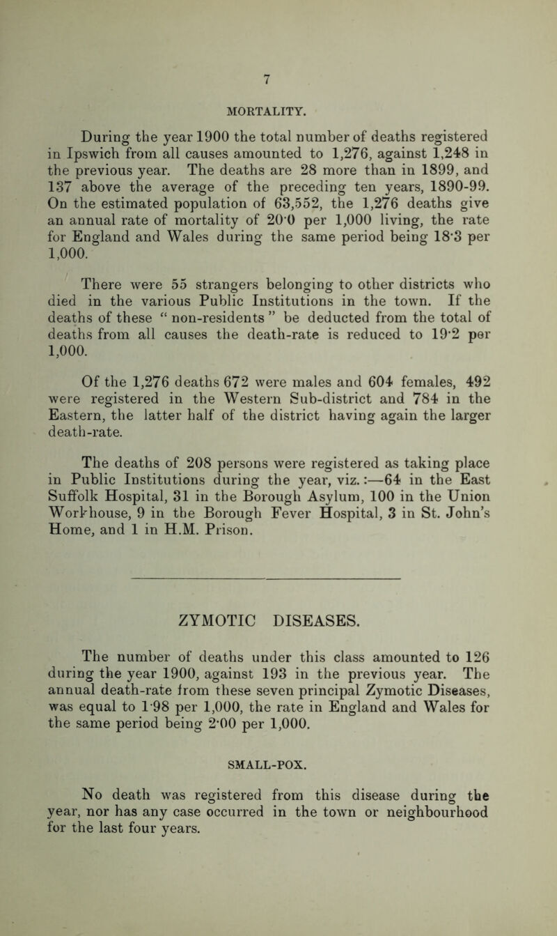 MORTALITY. During the year 1900 the total number of deaths registered in Ipswich from all causes amounted to 1,276, against 1,248 in the previous year. The deaths are 28 more than in 1899, and 137 above the average of the preceding ten years, 1890-99. On the estimated population of 63,552, the 1,276 deaths give an annual rate of mortality of 20*0 per 1,000 living, the rate for England and Wales during the same period being 18*3 per 1,000. There were 55 strangers belonging to other districts who o o o died in the various Public Institutions in the town. If the deaths of these “ non-residents ” be deducted from the total of deaths from all causes the death-rate is reduced to 19'2 per 1,000. Of the 1,276 deaths 672 were males and 604 females, 492 were registered in the Western Sub-district and 784 in the Eastern, the latter half of the district having again the larger death-rate. The deaths of 208 persons were registered as taking place in Public Institutions during the year, viz.:—64 in the East Suffolk Hospital, 31 in the Borough Asylum, 100 in the Union Workhouse, 9 in the Borough Fever Hospital, 3 in St. John’s Home, and I in H.M. Prison. ZYMOTIC DISEASES. The number of deaths under this class amounted to 126 during the year 1900, against 193 in the previous year. The annual death-rate from these seven principal Zymotic Diseases, was equal to 1-98 per 1,000, the rate in England and Wales for the same period being 2*00 per 1,000. SMALL-POX. No death was registered from this disease during the year, nor has any case occurred in the town or neighbourhood for the last four years.