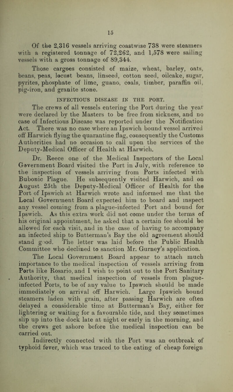 Of the 2,316 vessels arriving coastwise 738 were steamers with a registered tonnage of 72,262, and 1,578 were sailing vessels with a gross tonnage of 89,344. Those cargoes consisted of maize, wheat, barley, oats, beans, peas, locust beans, linseed, cotton seed, oilcake, sugar, pyrites, phosphate of lime, guano, coals, timber, paraffin oil, pig-iron, and granite stone, INFECTIOUS DISEASE IN THE POET. The crews of all vessels entering the Port during the year were declared by the Masters to be free from sickness, and no case of Infectious Disease was reported under the Notification Act. There was no case where an Ipswich bound vessel arrived off Harwich flying the quarantine flag, consequently the Customs Authorities had no occasion to call upon the services of the Deputy-Medical Officer of Health at Harwich. Dr. Reece one of the Medical Inspectors of the Local Government Board visited the Port in July, with reference to the inspection of vessels arriving from Ports infected with Bubonic Plague. He subsequently visited Harwich, and on August 25th the Deputy-Medical Officer of Health for the Port of Ipswich at Harwich wrote and informed me that the Local Government Board expected him to board and inspect any vessel coming from a plague-infected 'Port and bound for Ipswich. As this extra work did not come under the terms of his original appointment, he asked that a certain fee should be allowed for each visit, and in the case of having to accompany an infected ship to Butterman s Bay the old agreement should stand good. The letter was laid before the Public Health Committee who declined to sanction Mr. Gurney’s application. The Local Government Board appear to attach much importance to the medical inspection of vessels arriving from Ports like Rosario, and I wish to point out to the Port Sanitary Authority, that medical inspection of vessels from plague- infected Ports, to be of any value to Ipswich should be made immediately on arrival off Harwich. Large Ipswich bound steamers laden with grain, after passing Harwich are often delayed a considerable time at Butterman’s Bay, either for lightering or waiting for a favourable tide, and they sometimes slip up into the dock late at night or early in the morning, and the crews get ashore before the medical inspection can be carried out. Indirectly connected with the Port was an outbreak of typhoid fever, which was traced to the eating of cheap foreign