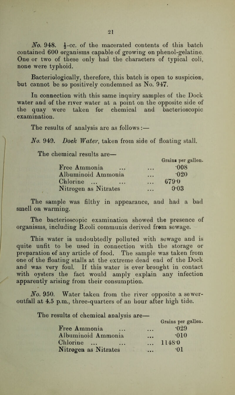 No. 948. J-cc. of the macerated cod tents of this batch contained 600 organisms capable of growing on phenol-gelatine. One or two of these only had the characters of typical coli, none were typhoid. Bacteriologically, therefore, this batch is open to suspicion, but cannot be so positively condemned as No. 947. In connection with this same inquiry samples of the Dock water and of the river water at a point on the opposite side of the quay were taken for chemical and bacterioscopic , examination. The results of analysis are as follows:— No. 949. Dock Water, taken from side of floating stall. The chemical results are— Grains per gallon. Free Ammonia ... ... ‘008 Albuminoid Ammonia ... ‘020 Chlorine ... ... ... 679*0 Nitrogen as Nitrates ... 0‘03 The sample was filthy in appearance, and had a bad smell on warming. The bacterioscopic examination showed the presence of organisms, including B.coli communis derived from sewage. This water is undoubtedly polluted with sewage and is quite unfit to be used in connection with the storage or preparation of any article of food. The sample was taken from one of the floating stalls at the extreme dead end of the Dock and was very foul. If this water is ever brought in contact with oysters the fact would amply explain any infection apparently arising from their consumption. No. 950. Water taken from the river opposite a sewer- outfall at 4.5 p.m., three-quarters of an hour after high tide. The results of chemical analysis are— Grains per gallon. Free Ammonia ... ... '029 Albuminoid Ammonia ... *010 Chlorine ... ... ... 11480 Nitrogen as Nitrates ... ‘01