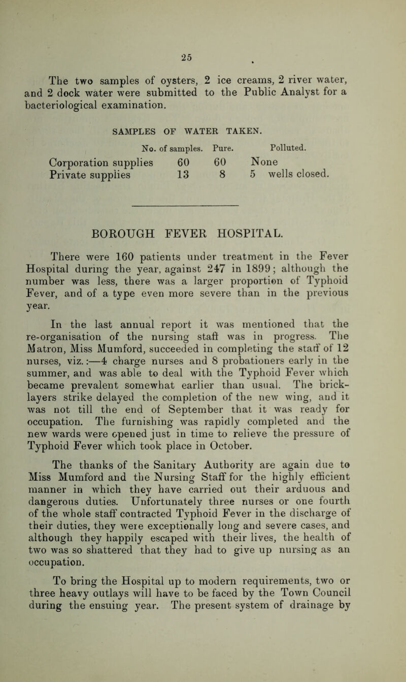 The two samples of oysters, 2 ice creams, 2 river water, and 2 dock water were submitted to the Public Analyst for a bacteriological examination. SAMPLES OF WATER TAKEN. No. of samples. Pure. Polluted. Corporation supplies 60 60 None Private supplies 13 8 5 wells closed. BOROUGH FEVER HOSPITAL. There were 160 patients under treatment in the Fever Hospital during the year, against 247 in 1899; although the number was less, there was a larger proportion of Typhoid Fever, and of a type even more severe than in the previous year. In the last annual report it was mentioned that the re-organisation of the nursing stall was in progress. The Matron, Miss Mumford, succeeded in completing the starf of 12 nurses, viz.:—4 charge nurses and 8 probationers early in the summer, and was able to deal with the Typhoid Fever which became prevalent somew^hat earlier than usual. The brick- layers strike delayed the completion of the new wing, and it was not till the end of September that it was ready for occupation. The furnishing w^as rapidly completed and the new wards were opened just in time to relieve the pressure of Typhoid Fever which took place in October. The thanks of the Sanitary Authority are again due to Miss Mumford and the Nursing Staff for the highly efficient manner in which they have carried out their arduous and dangerous duties. Unfortunately three nurses or one fourth of the whole staff contracted Typhoid Fever in the discharge of their duties, they were exceptionally long and severe cases, and although they happily escaped with their lives, the health of two was so shattered that they had to give up nursing as an occupation. To bring the Hospital up to modern requirements, two or three heavy outlays will have to be faced by the Town Council during the ensuing year. The present system of drainage by