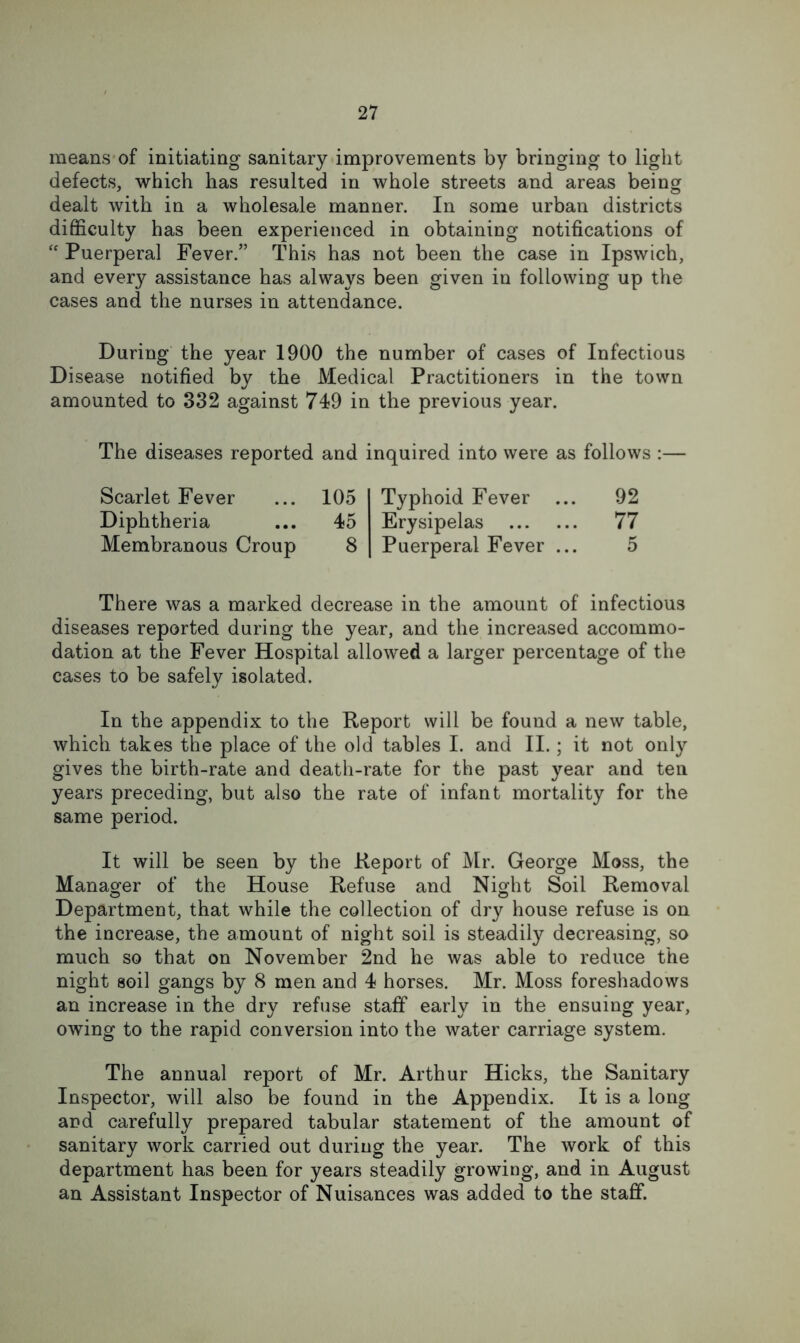 means*of initiating sanitary improvements by bringing to light defects, which has resulted in whole streets and areas being dealt with in a wholesale manner. In some urban districts difficulty has been experienced in obtaining notifications of Puerperal Fever.” This has not been the case in Ipswich, and every assistance has always been given in following up the cases and the nurses in attendance. During the year 1900 the number of cases of Infectious Disease notified by the Medical Practitioners in the town amounted to 332 against 749 in the previous year. The diseases reported and inquired into were as follows : Scarlet Fever ... 105 Diphtheria ... 45 Membranous Croup 8 Typhoid Fever ... 92 Erysipelas 77 Puerperal Fever ... 5 There was a marked decrease in the amount of infectious diseases reported during the year, and the increased accommo- dation at the Fever Hospital allowed a larger percentage of the cases to be safely isolated. In the appendix to the Report will be found a new table, which takes the place of the old tables I. and II.; it not only gives the birth-rate and death-rate for the past year and ten years preceding, but also the rate of infant mortality for the same period. It will be seen by the Report of Mr. George Moss, the Manager of the House Refuse and Night Soil Removal Department, that while the collection of dry house refuse is on the increase, the amount of night soil is steadily decreasing, so much so that on November 2nd he was able to reduce the night soil gangs by 8 men and 4 horses. Mr. Moss foreshadows an increase in the dry refuse staff early in the ensuing year, owing to the rapid conversion into the water carriage system. The annual report of Mr. Arthur Hicks, the Sanitary Inspector, will also be found in the Appendix. It is a long and carefully prepared tabular statement of the amount of sanitary work carried out during the year. The work of this department has been for years steadily growing, and in August an Assistant Inspector of Nuisances was added to the staff.