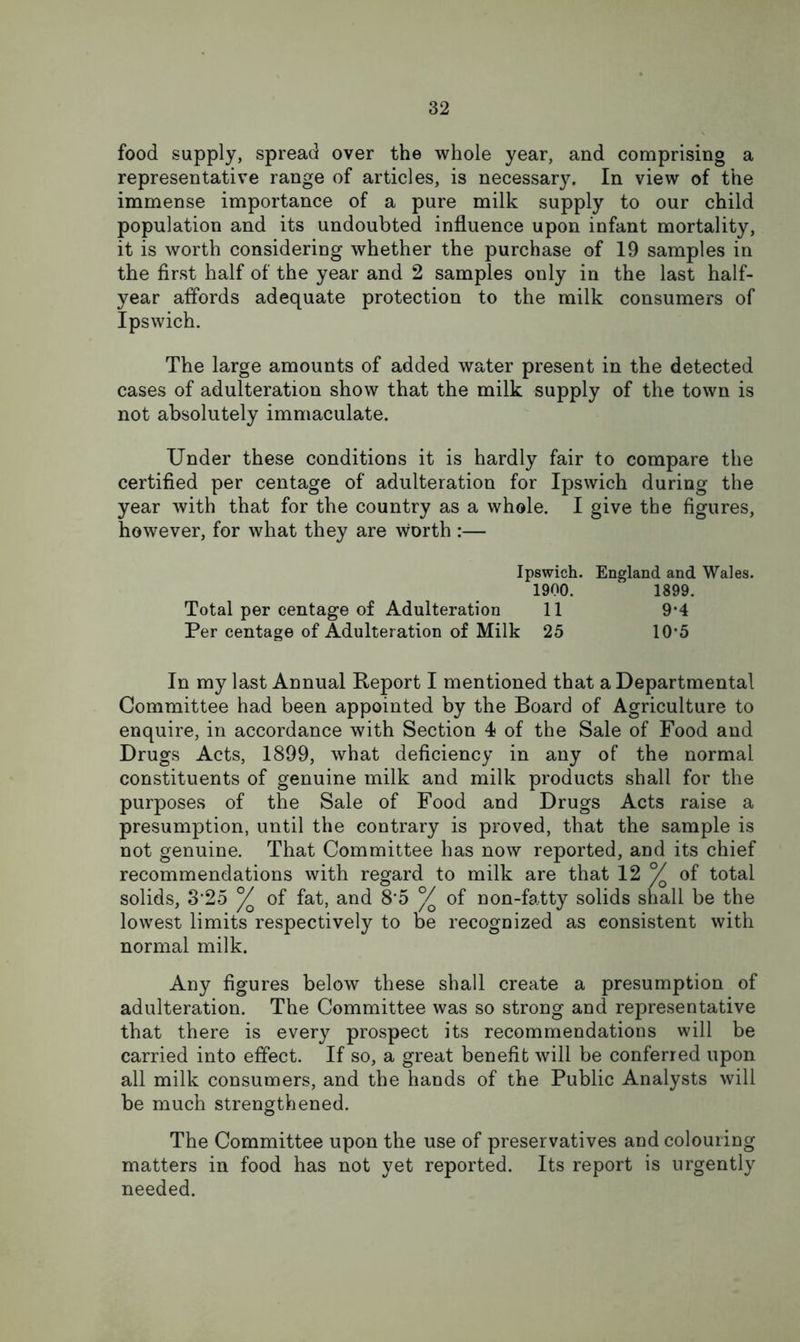 food supply, spread over the whole year, and comprising a representative range of articles, is necessary. In view of the immense importance of a pure milk supply to our child population and its undoubted influence upon infant mortality, it is worth considering whether the purchase of 19 samples in the first half of the year and 2 samples only in the last half- year affords adequate protection to the milk consumers of Ipswich. The large amounts of added water present in the detected cases of adulteration show that the milk supply of the town is not absolutely immaculate. Under these conditions it is hardly fair to compare the certified per centage of adulteration for Ipswich during the year with that for the country as a whole. I give the figures, however, for what they are worth :— Ipswich. England and Wales. 1900. 1899. Total per centage of Adulteration 11 9*4 Per centage of Adulteration of Milk 25 10’5 In my last Annual Report I mentioned that a Departmental Committee had been appointed by the Board of Agriculture to enquire, in accordance with Section 4 of the Sale of Food and Drugs Acts, 1899, what deficiency in any of the normal constituents of genuine milk and milk products shall for the purposes of the Sale of Food and Drugs Acts raise a presumption, until the contrary is proved, that the sample is not genuine. That Committee has now reported, and its chief recommendations with regard to milk are that 12 ^ of total solids, 3’25 ^ of fat, and 8*5 % of non-fatty solids shall be the lowest limits respectively to be recognized as consistent with normal milk. Any figures below these shall create a presumption of adulteration. The Committee was so strong and representative that there is every prospect its recommendations will be carried into effect. If so, a great benefit will be conferred upon all milk consumers, and the hands of the Public Analysts will be much strengthened. The Committee upon the use of preservatives and colouring matters in food has not yet reported. Its report is urgently needed.