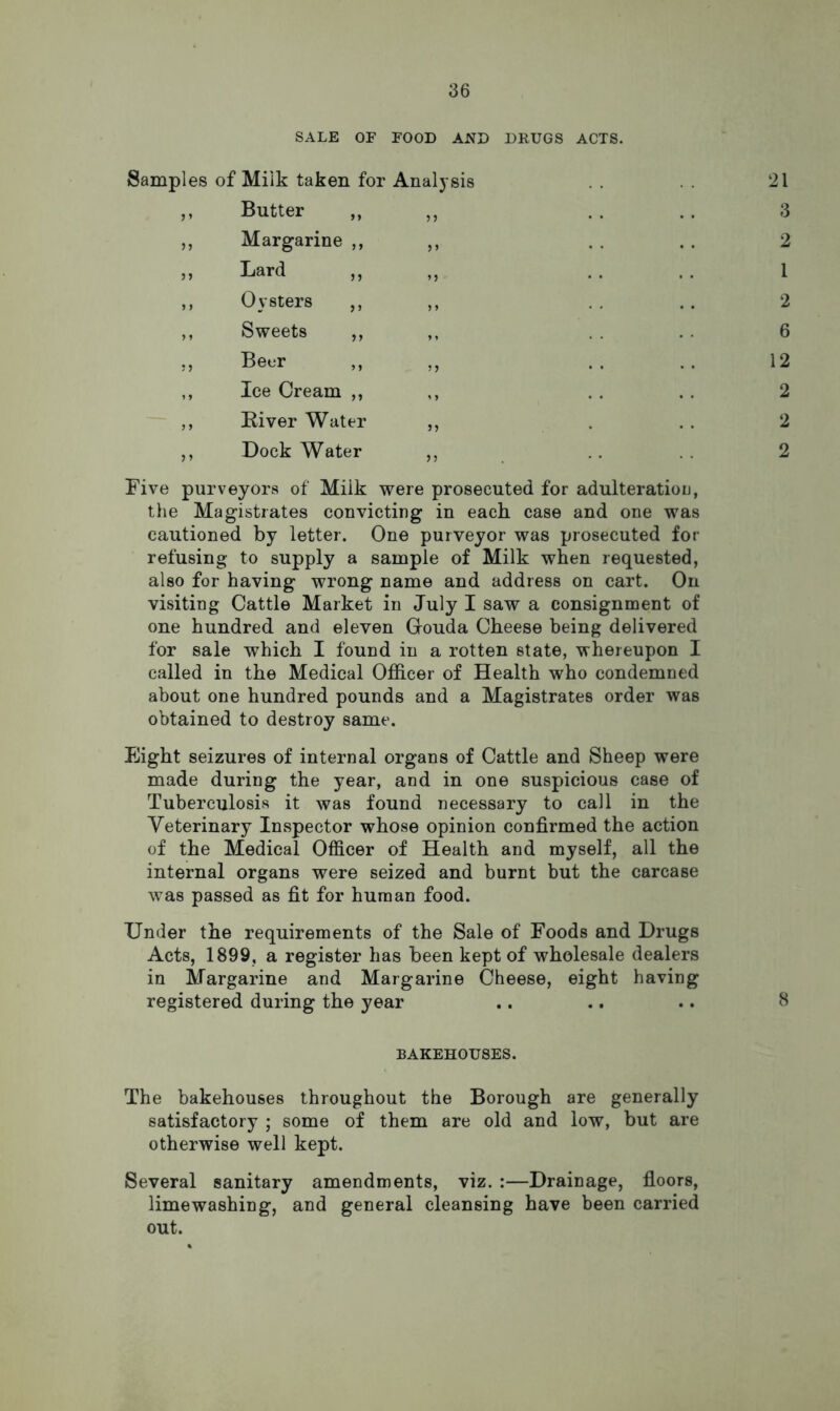 SALE OF FOOD AND DRUGS ACTS. Samples of Milk taken for Analysis ,, Butter „ Margarine ,, „ Lard ,, Oysters ,, ,, ,, Sweets Beer ,, Ice Cream ,, River Water Dock Water 5) 55 Five purveyors of Milk were prosecuted for adulteration, the Magistrates convicting in each, case and one was cautioned by letter. One purveyor was prosecuted for refusing to supply a sample of Milk when requested, also for having wrong name and address on cart. On visiting Cattle Market in July I saw a consignment of one hundred and eleven Grouda Cheese being delivered for sale which I found in a rotten state, whereupon I called in the Medical Officer of Health who condemned about one hundred pounds and a Magistrates order was obtained to destroy same. Eight seizures of internal organs of Cattle and Sheep were made during the year, and in one suspicious case of Tuberculosis it was found necessary to call in the Veterinary Inspector whose opinion confirmed the action of the Medical Officer of Health and myself, all the internal organs were seized and burnt but the carcase was passed as fit for human food. Under the requirements of the Sale of Foods and Drugs Acts, 1899, a register has been kept of wholesale dealers in Margarine and Margarine Cheese, eight having registered during the year BAKEHOUSES. The bakehouses throughout the Borough are generally satisfactory ; some of them are old and low, but are otherwise well kept. Several sanitary amendments, viz. :—Drainage, floors, limewashing, and general cleansing have been carried out. 21 3 2 1 2 6 12 2 2 2 8