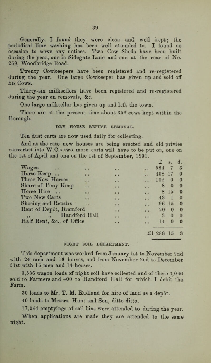 Generally, I found they were clean and well kept; the periodical lime washing has been well attended to. I found no occasion to serve any notices. Two Cow Sheds have been built during the year, one in Sidegate Lane and one at the rear of No. 269, Woodbridge Eoad. Twenty Cowkeepers have been registered and re-registered during the year. One large Cowkeeper has given up and sold off his Cows. Thirty-six milksellers have been registered and re-registered during the year on removals, &c. One large milkseller has given up and left the town. There are at the present tinae about 356 cows kept within the Borough. DRY HOUSE REFUSE REMOVAL. Ten dust carts are now used daily for collecting. And at the rate new houses are being erected and old privies converted into W.C.s two more carts will have to be put on, one on the 1st of April and one on the 1st of September, 1901. Wages Horse Keep .. Three New Horses Share of Pony Keep Horse Hire . . Two New Carts Shoeing and Eepairs Kent of Depot, Bramford ,, ,, Handford Hall Half Rent, &c., of Office £ s. d. 584 7 3 408 17 0 102 0 0 8 0 0 8 15 0 43 1 0 96 15 0 20 0 0 3 0 0 14 0 0 £1,288 15 3 NIGHT SOIL DEPARTMENT. This department was worked from January 1st to November 2nd with 24 men and 1 8 horses, and from November 2nd to December 31st with 16 men and 14 horses. 3,536 wagon loads of night soil have collected and of these 3,066 sold to Farmers and 400 to Handford Hall for which I debit the Farm. 30 loads to Mr. T. M. Rudland for hire of land as a depot. 40 loads to Messrs. Hunt and Son, ditto ditto. 17,064 emptyings of soil bins were attended to during the year. When applications are made they are attended to the same night.