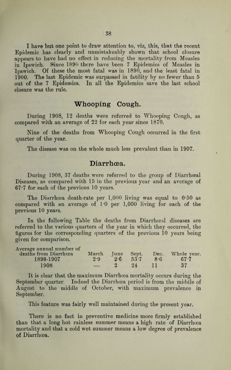 I have but one point to draw attention to, viz, this, that the recent Epidemic has clearly and unmistakeably shown that school closure appears to have had no effect in reducing the mortality from Measles in Ipswich. Since 1890 there have been 7 Epidemics of Measles in Ipswich. Of these the most fatal was in 1890, and the least fatal in 1900. The last Epidemic was surpassed in futility by no fewer than 5 out of the 7 Epidemics. In all the Epidemics save the last school closure was the rule. Whooping Cough. During 1908, 12 deaths were referred to Whooping Cough, as compared with an average of 22 for each year since 1870. Nine of the deaths from Whooping Cough occurred in the first quarter of the year. The disease was on the whole much less prevalent than in 1907. Diarrhoea. During 1908, 37 deaths were referred to the group of Diarrhceal Diseases, as compared with 15 in the previous year and an average of 67*7 for each of the previous 10 years. The Diarrhoea death-rate per 1,000 living was equal to 0‘50 as compared with an average of DO per 1,000 living for each of the previous 10 years. In the following Table the deaths from Diarrhoeal diseases arc referred to the various quarters of the year in which they occurred, the figures for the corresponding quarters of the previous 10 years being given for comparison. Average annual number of deaths from Diarrhoea March June Sept. Dec. Whole year. 1898-1907 2-9 2-6 537 8-6 677 1908 — 2 24 11 37 It is clear that the maximum Diarrhoea mortality occurs during the September quarter. Indeed the Diarrhoea period is from the middle of August to the middle of October, with maximum prevalence in September. This feature was fairly well maintained during the present year. There is no fact in preventive medicine more firmly established than that a long hot rainless summer means a high rate of Diarrhoea mortality and that a cold wet summer means a low degree of prevalence of Diarrhoea.