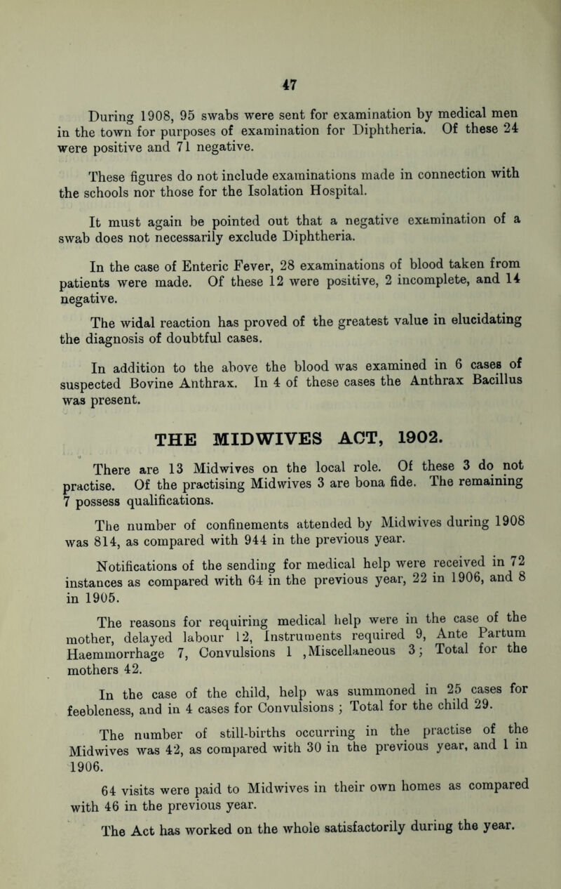 During 1908, 95 swabs were sent for examination by medical men in the town for purposes of examination for Diphtheria. Of these 24 were positive and 71 negative. These figures do not include examinations made in connection with the schools nor those for the Isolation Hospital. It must again be pointed out that a negative examination of a swab does not necessarily exclude Diphtheria. In the case of Enteric Fever, 28 examinations of blood taken from patients were made. Of these 12 were positive, 2 incomplete, and 14 negative. The widal reaction has proved of the greatest value in elucidating the diagnosis of doubtful cases. In addition to the above the blood was examined in 6 cases of suspected Bovine Anthrax. In 4 of these cases the Anthrax Bacillus was present. THE MIDWIVES ACT, 1902. There are 13 Midwives on the local role. Of these 3 do not practise. Of the practising Mid wives 3 are bona fide. The remaining 7 possess qualifications. The number of confinements attended by Mid wives during 1908 was 814, as compared with 944 in the previous year. Notifications of the sending for medical help were received in 72 instances as compared with 64 in the previous year, 22 in 1906, and 8 in 1905. The reasons for requiring medical help were in the case of the mother, delayed labour 12, Instruments required 9, Ante Partum Haemmorrhage 7, Convulsions 1 , Miscellaneous 3; Total for the mothers 42. In the case of the child, help was summoned in 25 cases for feebleness, and in 4 cases for Convulsions ; Total for the child 29. The number of still-births occurring in the practise of the Midwives was 42, as compared with 30 in the previous year, and 1 in 1906. 64 visits were paid to Mid wives in their own homes as compared with 46 in the previous year. The Act has worked on the whole satisfactorily during the year.