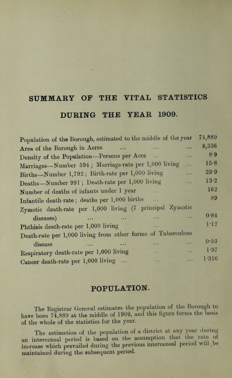 SUMMARY OF THE VITAL STATISTICS DURING THE YEAR 1909. Population of the Borough, estimated to the middle of the year Area of the Borough in Acres Density of the Population—Persons per Acre ... Marriages—Number 594 3 Marriage-rate per 1,000 living ... Births—Number 1,792 3 Birth-rate per 1,000 living Deaths—Number 9913 Death-rate per 1,000 living Number of deaths of infants under 1 year Infantile death-rate 3 deaths per 1,000 births Zymotic death-rate per 1,000 living (7 principal Zymotic diseases) Phthisis death-rate per 1,000 living Death-rate per 1,000 living from other forms of Tuberculous disease Respiratory death-rate per 1,000 living Cancer death-rate per 1,000 living ... 74,889 8,336 8-9 15-8 23*9 13-2 162 89 0*84 1*12 0- 53 1- 97 1-316 POPULATION. The Registrar General estimates the population of the Borough to have been 74,889 at the middle of 1909, and this figure forms the basis of the whole of the statistics for the year. The estimation of the population of a district at any year during an intercensal period is based on the assumption that the 1 ate o increase which prevailed during the previous intercensal period will,be maintained during the subsequent period.