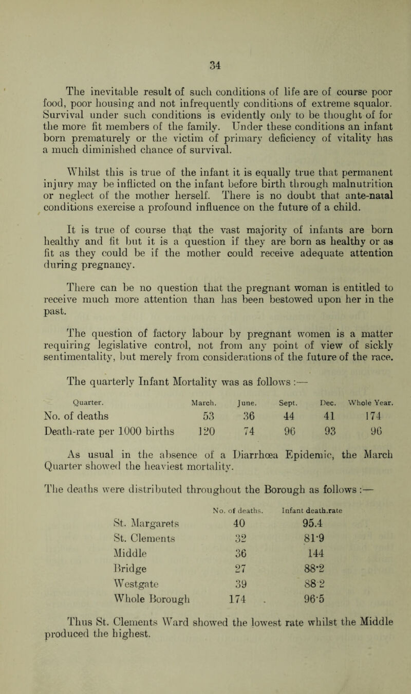 The inevitable result of such conditions of life are of course poor food, poor housing and not infrequently conditions of extreme squalor. Survival under such conditions is evidently only to be thought of for the more fit members of the family. Under these conditions an infant born prematurely or the victim of primary deficiency of vitality has a much diminished chance of survival. Whilst this is true of the infant it is equally true that permanent injury may be inflicted on the infant before birth through malnutrition or neglect of the mother herself. There is no doubt that ante-natal conditions exercise a profound influence on the future of a child. It is true of course that the vast majority of infants are born healthy and fit but it is a question if they are born as healthy or as fit as they could be if the mother could receive adequate attention during pregnancy. There can be no question that the pregnant woman is entitled to receive much more attention than has been bestowed upon her in the past. The question of factor}^ labour by pregnant women is a matter requiring legislative control, not from any point of view of sickly sentimentality, but merely from considerations of the future of the race. The quarterly Infant Mortality was as follows Quarter. March. June. Sept. Dec. Whole Year. No. of deaths 53 36 44 41 174 Death-rate per 1000 births 120 74 96 93 96 As usual in the absence of a Diarrhoea Epidemic, the March Quarter showed the heaviest mortality. The deaths were distributed throughout the Borough as follows:— St. Margarets No. of deaths. 40 Infant death.rate 95.4 St. Clements 32 81-9 Middle 36 144 Bridge 27 88*2 Westgate 39 88-2 Whole Borough 174 . 96-5 Thus St. Clements Ward showed the lowest rate whilst the Middle produced the highest.