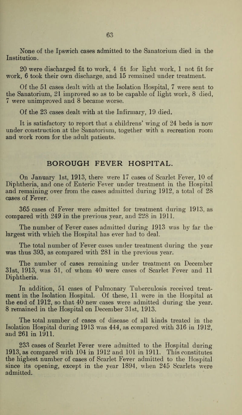 None of the Ipswich cases admitted to the Sanatorium died in the Institution. 20 were discharged fit to work, 4 fit for light work, 1 not fit for work, 6 took their own discharge, and 15 remained under treatment. Of the 51 cases dealt with at the Isolation Hospital, 7 were sent to the Sanatorium, 21 improved so as to be capable of light work, 8 died, 7 were unimproved and 8 became worse. Of the 23 cases dealt with at the Infirmary, 19 died. It is satisfactory to report that a childrens’ wing of 24 beds is now under construction at the Sanatorium, together with a recreation room and work room for the adult patients. BOROUGH FEVER HOSPITAL. On January 1st, 1913, there were 17 cases of Scarlet Fever, 10 of Diphtheria, and one of Enteric Fever under treatment in the Hospital and remaining over from the cases admitted during 1912, a total of 28 cases of Fever. 365 cases of Fever were admitted for treatment during 1913, as compared with 249 in the previous year, and 228 in 1911. The number of Fever cases admitted during 1913 was by far the largest with which the Hospital has ever had to deal. The total number of Fever cases under treatment during the year was thus 393, as compared with 281 in the previous year. The number of cases remaining under treatment on December 31st, 1913, was 51, of whom 40 were cases of Scarlet Fever and 11 Diphtheria. In addition, 51 cases of Pulmonary Tuberculosis received treat- ment in the Isolation Hospital. Of these, 11 were in the Hospital at the end of 1912, so that 40 new cases were admitted during the year. 8 remained in the Hospital on December 31st, 1913. The total number of cases of disease of all kinds treated in the Isolation Hospital during 1913 was 444, as compared with 316 in 1912, and 261 in 1911. 233 cases of Scarlet Fever were admitted to the Hospital during 1913, as compared with 104 in 1912 and 101 in 1911. This constitutes the highest number of cases of Scarlet Fever admitted to the Hospital since its opening, except in the year 1894, when 245 Scarlets were admitted.