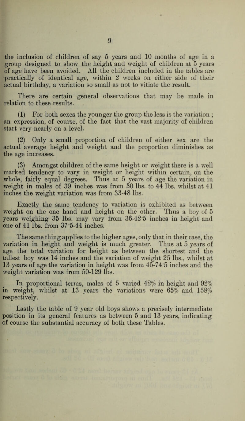 the inclusion of children of say 5 years and 10 months of age in a group designed to show the height and weight of children at 5 years of age have been avoided. All the children included in the tables are practically of identical age, within 2 weeks on either side of their actual birthday, a variation so small as not to vitiate the result. There are certain general observations that may be made in relation to these results. (1) For both sexes the younger the group the less is the variation ; an expression, of course, of the fact that the vast majority of children start very nearly on a level. (2) Only a small proportion of children of either sex are the actual average height and weight and the proportion diminishes as the age increases. (3) Amongst children of the same height or weight there is a well marked tendency to vary in weight or height within certain, on the whole, fairly equal degrees. Thus at 5 years of age the variation in weight in males of 39 inches was from 30 lbs. to 44 lbs. whilst at 41 inches the weight variation was from 33-48 lbs. Exactly the same tendency to variation is exhibited as between weight on the one hand and height on the other. Thus a boy of 5 years weighing 35 lbs. may vary from 36-42*5 inches in height and one of 41 lbs. from 37*5-44 inches. The same thing applies to the higher ages, only that in their case, the variation in height and weight is much greater. Thus at 5 years of age the total variation for height as between the shortest and the tallest boy was 14 inches and the variation of weight 25 lbs., whilst at 13 years of age the variation in height was from 45-74*5 inches and the weight variation was from 50-129 lbs. In proportional terms, males of 5 varied 42% in height and 92% in weight, whilst at 13 years the variations were 65% and 158% respectively. Lastly the table of 9 year old boys shows a precisely intermediate position in its general features as between 5 and 13 years, indicating of course the substantial accuracy of both these Tables.