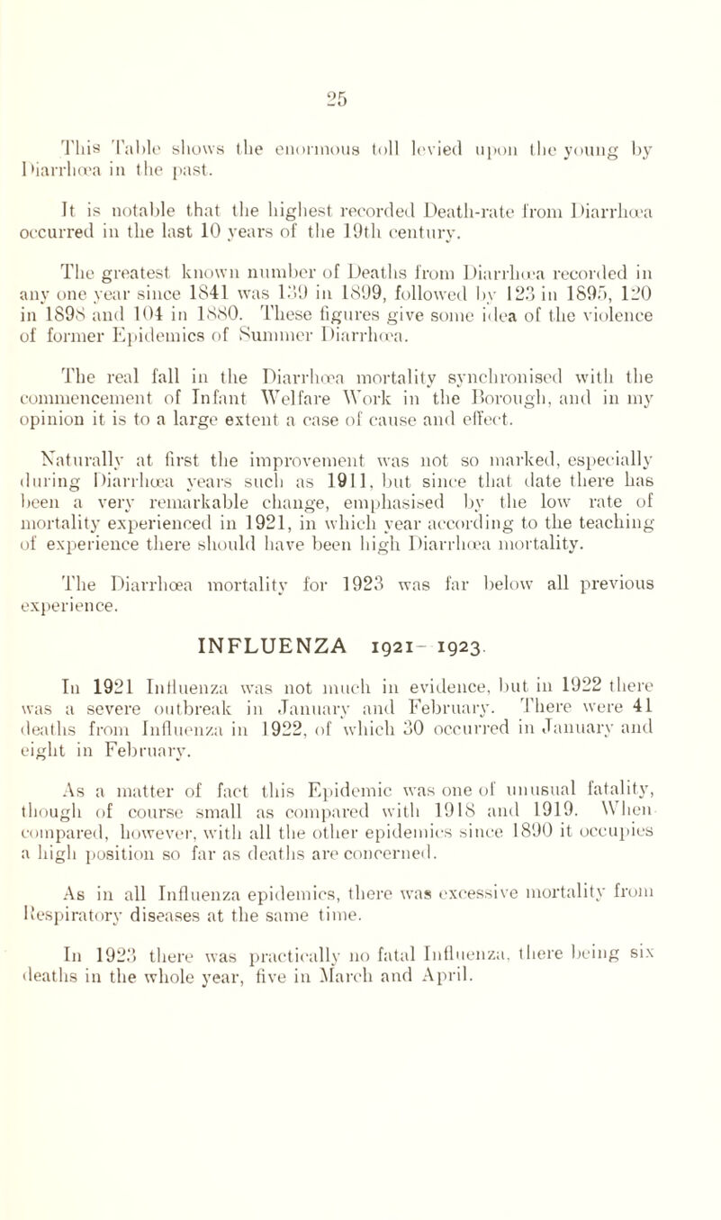 This Table shows (lie enormous toll levied upon the young by Diarrhoea in the past. It is notable that the highest recorded Death-rate from Diarrhoea occurred in the last 10 years of the 19th century. The greatest known number of Deaths from Diarrhoea recorded in any one year since 1841 was 139 in 1899, followed by 123 in 1895, 120 in 189S and 104 in 1880. These figures give some idea of the violence of former Epidemics of Summer Diarrhoea. The real fall in the Diarrhoea mortality synchronised with the commencement of Infant Welfare Work in the Borough, and in my opinion it is to a large extent a case of cause and effect. Naturally at first the improvement was not so marked, especially during Diarrhoea years such as 1911, but since that date there has been a very remarkable change, emphasised by the low rate of mortality experienced in 1921, in which year according to the teaching of experience there should have been high Diarrhoea mortality. The Diarrhoea mortality for 1923 was far below all previous experience. INFLUENZA 1921- 1923. In 1921 Influenza was not much in evidence, but in 1922 there was a severe outbreak in January and February. There were 41 deaths from Influenza in 1922, of which 30 occurred in January and eight in February. As a matter of fact this Epidemic was one of unusual fatality, though of course small as compared with 1918 and 1919. \\ lien compared, however, with all the other epidemics since 1890 it occupies a high position so far as deaths are concerned. As in all Influenza epidemics, there was excessive mortality from Respiratory diseases at the same time. I11 1923 there was practically no fatal Influenza, there being six deaths in the whole year, live in March and April.