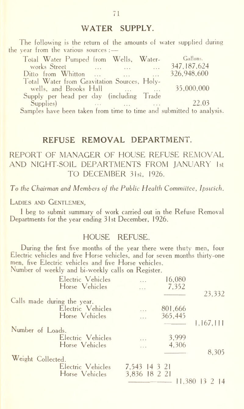 WATER SUPPLY. The following is the return of the amounts of water supplied during the year from the various sources : — Total Water Pumped from Wells, Water- Gallons. works Street ... ... ... 347,187,624 Ditto from Whitton ... ... ... 326,948,600 1 otal Water from Gravitation Sources, Holy- wells, and Brooks Hall ... ... 33,000.000 Supply per head per day (including Trade Supplies) ... ... 22.03 Samples have been taken from time to time and submitted to analysis. REFUSE REMOVAL DEPARTMENT. REPORT OF MANAGER OF HOUSE REFUSE REMOVAL AND NIGHT-SOIL DEPARTMENTS FROM JANUARY 1st TO DECEMBER 31st, 1926. To the Chairman and Members oj the Public Health Committee, Ipswich. Ladies and Gentlemen, I beg to submit summary of work carried out in the Refuse Removal Departments for the year ending 31 st December, 1926. HOUSE REFUSE. During the first five months of the year there were thirty men, four Electric vehicles and five Horse vehicles, and for seven months thirty-one men, five Electric vehicles and five Horse vehicles. Number of weekly and bi-weekly calls on Register. Electric Vehicles 16,080 Horse Vehicles 7,352 23,332 Calls made during the year. Electric Vehicles 801,666 Horse Vehicles 365,445 1 ,167,11 1 Number of Loads. Electric Vehicles 3,999 Horse Vehicles Weight Collected. 4,306 8,305 Electric Vehicles 7,543 14 3 21 Horse Vehicles 3,836 18 2 21 11.380 13 2 14