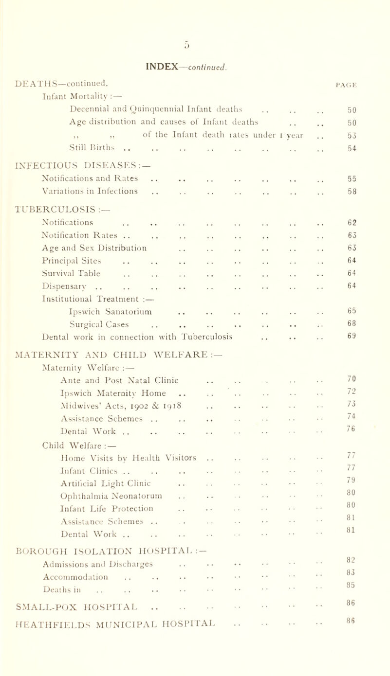 .) INDEX —continued. DE AT 11S—continued. pagk Infant Mortality : — Decennial and Quinquennial Infant deaths .. .. .. 50 Age distribution and causes of Infant deaths .. .. 50 ,, „ of the Infant death rates under i year .. 53 Still Births. 54 INFECTIOUS DISEASES : — Notifications and Rates .. .. .. .. .. .. .. 55 Variations in Infections .. .. .. .. .. .. .. 58 TUBERCULOSIS : — Notifications .. .. .. .. .. .. .. .. 62 Notification Rates .. .. .. .. .. .. .. .. 63 Age and Sex Distribution .. .. .. .. .. .. 63 Principal Sites .. .. .. .. .. .. .. .. 64 Survival Table .. .. . . .. .. .. .. .. 64 Dispensary .. .. .. .. .. .. .. .. .. 64 Institutional Treatment :— Ipswich Sanatorium .. .. .. .. .. .. 65 Surgical Cases .. .. .. .. .. .. .. 68 Dental work in connection with Tuberculosis .. .. .. 69 MATERNITY AND CHILD WELFARE Maternity Welfare : — Ante and Post Natal Clinic .. .. . . . 70 Ipswich Maternity Home .. .. .. .. •• •• 72 Midwives’ Acts, 1902 & 1918 .. .. .. •• 73 Assistance Schemes .. Dental Work .. .. .. .. •• •• 76 Child Welfare : — Home Visits by Health Visitors .. . . .. ■ • • • 77 Infant Clinics .. Artificial Light Clinic Of] Ophthalmia Neonatorum • flO Infant Life Protection 8 l Assistance Schemes Dental Work .. .. .. •• •• •• BOROUGH ISOLATION HOSPITAL:- 82 Admissions and Discharges Accommodation .. .. Deaths in . . .. .. • • • • • • • • ' ' ’ 8^ SMALL-POX HOSPITAL. 86 HEATH FIELDS MUNICIPAL HOSPITAI.