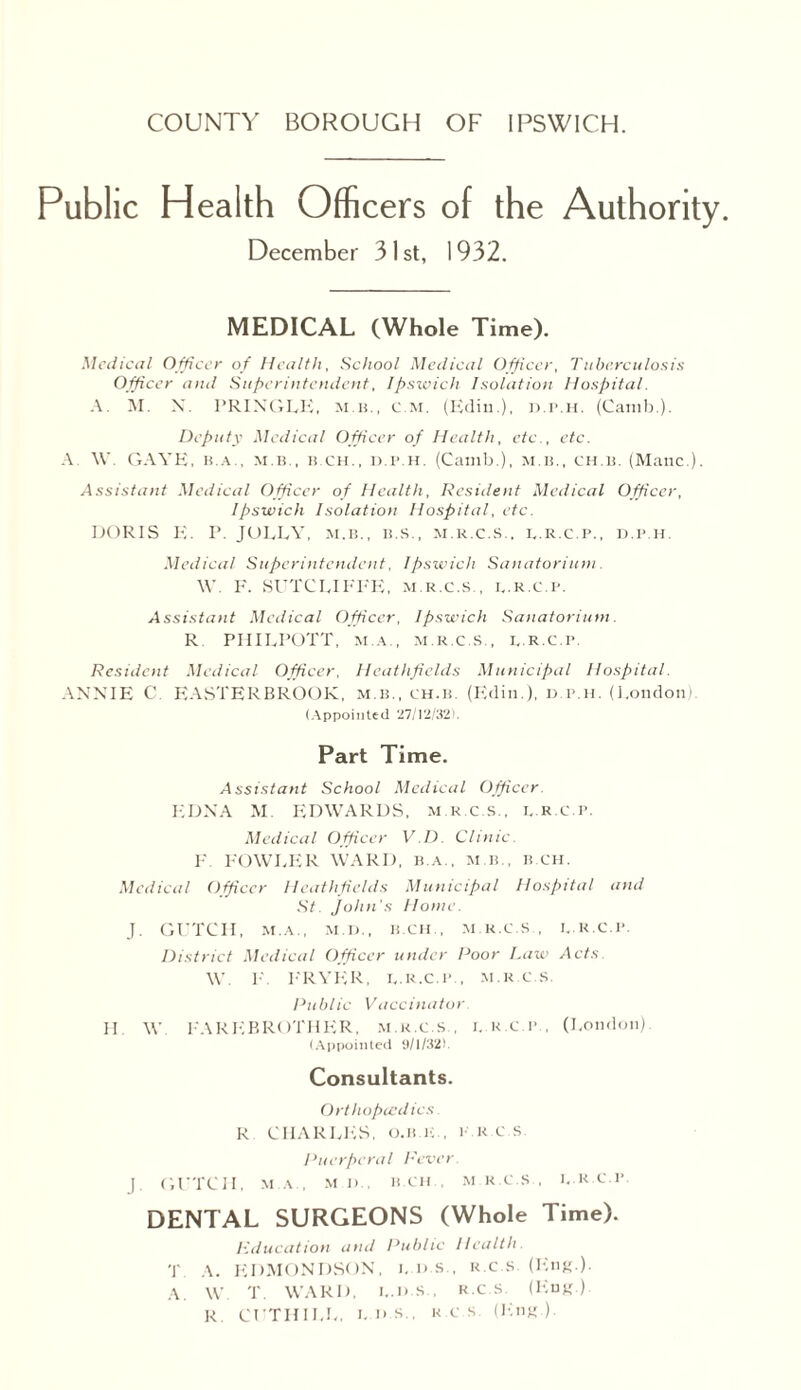 Public Health Officers of the Authority. December 31st, 1932. MEDICAL (Whole Time). Medical Officer of Health, School Medical Officer, Tube.rculosis Officer and Superintendent, Ipswich Isolation Hospital. A. M. X. PRINGLE, m.b., c m. (Ivlin.), d.p.h. (Camb.). Deputy Medical Officer of Health, etc., etc. A W. GAVE, b.a., m b., b.ch., d.p.h. (Camb.), m b., ch.b. (Mane.). Assistant Medical Officer of Health, Resident Medical Officer, Ipswich Isolation Hospital, etc. DORIS E. I’. JOLLY, m.b., b.s., m.r.c.s.. i.r.c.p., d.p.h. Medical Superintendent, Ipswich Sanatorium \V. F. SUTCLIFFE, m.r.c.s., b.r.c.p. Assistant Medical Officer, Ipswich Sanatorium. R PHILPOTT, M.A., M.R.C.S., I.R.C.P. Resident Medical Officer. Heathficlds Municipal Hospital. ANNIE C. PIASTER BROOK, m.b., ch.b. (Edin.), d.p.h. (London) (Appointed 27/12/32'. Part Time. Assistant School Medical Officer. EDNA M. EDWARDS, m.r.c.s., i.r.c.p. Medical Officer V.D. Clinic. F FOWLER WARD, b.a., m.b., b.ch. Medical Officer H cathfields Municipal Hospital and St. John’s Home. J. GUTCH, M.A., M.D., B.CH , M.R.C.S., I. R.C.P. District Medical Officer under Poor Law Acts. W. F. FRYER, d.r.c.p , m.r.c.s. Public Vaccinator II W FAREBROTHER, m.r.c.s , i. r c p , (London). (Appointed 9/1/32). Consultants. Orthopcedics R CHARLES, o.b.k , i r c s. Puerperal Fever ]. GUTCH, M A.. M I)., B.CH., M.R.C.S., 1. R C.P DENTAL SURGEONS (Whole Time). Education and Public Health. T A. EDMONDSON, l.d.s., R.c.s (Eng.). A. W. T. WARD. I..D.S., R.c.S. (Eng). R. CUTHILL, d.d.s., R.c.s. (Eng.).