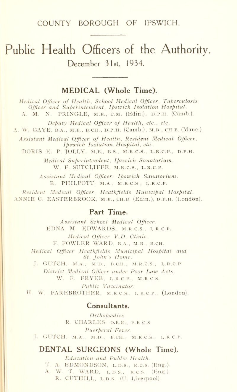 Public Health Officers of the Authority. December 31st, 1934. MEDICAL (Whole Time). Medical Officer of Health, School Medical Officer, Tuberculosis Officer and Superintendent, Ipswich Isolation Hospital. A M X. PRINGLE, m.b., c m. (Kdin ), d.p.h. (Canib.). Deputy Medical Officer of Health, etc., etc. A W GAVE. B.A., M.B., B.CH., d.p.h. (Gainb.), M.B., CH.B. (Mane.). Assistant Medical Officer of Health, Resident Medical Officer, Ipswich Isolation Hospital, etc. DORIS E. P. JOLLY, m.b., b.s., m.r.c.s., l.r.c.p., d.p.h. Medical Superintendent, Ipswich Sanatorium W F. SUTCLIFFE, m.r.c.s., l.r.c.p. Assistant Medical Officer, Ipswich Sanatorium. R PIIILPOTT, M.A., M.R.C.S., i. r.c.p. Resident Medical Officer, Hcathfields Municipal Hospital ANNIE C. EASTERBROOK, m b., ch.b. (Eclin.), d.p.h. (London). Part Time. Assistant School Medical Officer. EDNA M EDWARDS, m r.c.s i. r c.f. Medical Officer V.D. Clinic F FOWLER WARD, b.a , m b . b.ch. Medical Officer Hcathfields Municipal Hospital and St John's Home. J GUTCH, M.A., M i)., B.CH , M.R.C.S., L.R.C.P. District Medical Officer under Poor Law Acts. W F FRYER, L.R.C.P , M.R.C.S. Public Vaccinator. II W FAREBROTIIER. M.R.C.S., l.r.c.p., (London) Consultants. Orthopaedics. R CHARLES, o.b.k , icr c s Puerperal Fever J GUTCH, M A , M I) , B.CH., M.R.C.S.. L.R.C.P. DENTAL SURGEONS (Whole Time). Education and Public Health T A. EDMONDSON, l d.s , r.c.s (Eng.). A W T WARD, l.d.S., r.c.S. (Eng.) R. CI'TIIILL, l.d.S. (U. Liverpool)