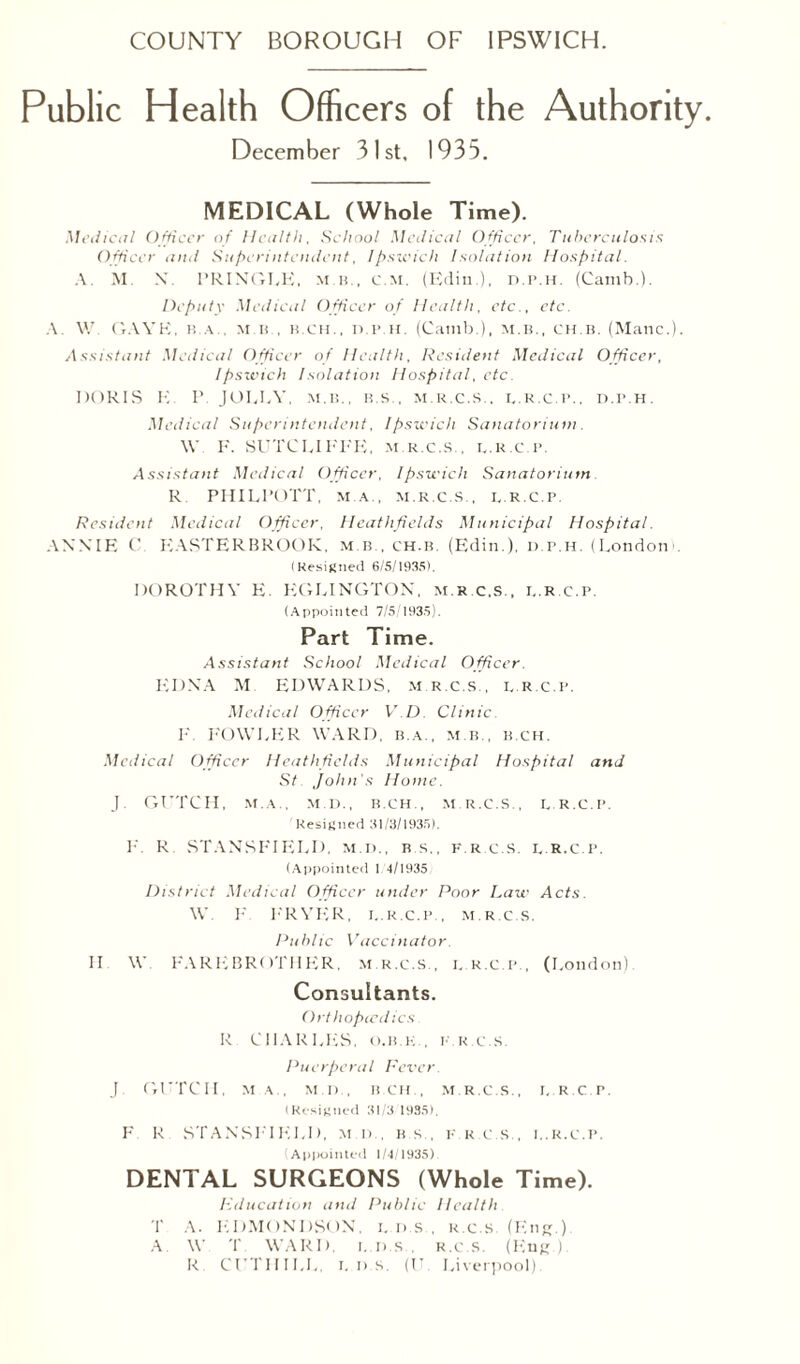 Public Health Officers of the Authority. December 31st, 1935. MEDICAL (Whole Time). Medical Officer of Health, School Medical Officer, Tuberculosis Officer anti Superintendent, Ipswich Isolation Hospital. A. M. X PRINGLE, mb., c m. (Edin.), d.p.h. (Camb.). Deputy Medical Officer of Health, etc., etc. A. W GAVE, b.a . m it., b.ch., d.p.h. (Camb.), m.b., ch.b. (Mane.). Assistant Medical Officer of Health, Resident Medical Officer, Ipswich Isolation Hospital, etc. DORIS K P. JOLLY, m.b., b.s . m.r.c.s.. i,.r.c.p., d.p.h. Medical Superintendent, Ipswich Sanatorium. W F. SUTCLIFFE, m.r.c.s . i,.r.c.p. Assistant Medical Officer, Ipswich Sanatorium R PHILPOTT, M.A., M.R.C.S., i. r.c.p. Resident Medical Officer, Heathfields Municipal Hospital. ANNIE C EASTERBROOK, mb, ch.b. (Edin ), d.p.h. (London1. (Resigned 6/5/1935). DOROTHY E. EGLINGTON, m.r.c.s., d.r.c.p. (Appointed 7/5/1935). Part Time. Assistant School Medical Officer. EDNA M. EDWARDS, m.r.c.s., r.r.c.p. Medical Officer V D Clinic F. FOWLER WARD, b.a., m.b., b.ch. Medical Officer Heathfields Municipal Hospital and St. John’s Home. J. GUTCH, M.A., M.D., B.CH , M.R.C.S., R.R.C.P. ' Resigned 31/3/1935). F. R STANSFIELD, m.d., b.s., f.r.c.s. i. r.c.p. (Appointed I 4/1935 District Medical Officer under Poor Law Acts. W F 1'RYIvR, i,.r.c.p., M.R.C.S. Public Vaccinator. II W FAI<E BROTII ER. m.r.c.s., i,.r.c.p., (London) Consultants. Orthopicd its R CHARLES, o.b.k., f.r.c.s. Puerperal Fever. J. Gl'TCII. MA, Ml), B.CH, m.r.c.s., i.r.c.p. (Resigned 31/3 1935). F R ST ANSI'I ELD, m d., B.s, f r.c.s., i.. r.c.p. (Appointed 1/4/1935). DENTAL SURGEONS (Whole Time). Education and Public Health T A. EDMONDSON, i. d.s . r.c.s (Eng.) A. W T WARD, i..d.s ., R.c.s. (Eng). R CUTHILL, i. d.s. (U. Liverpool).