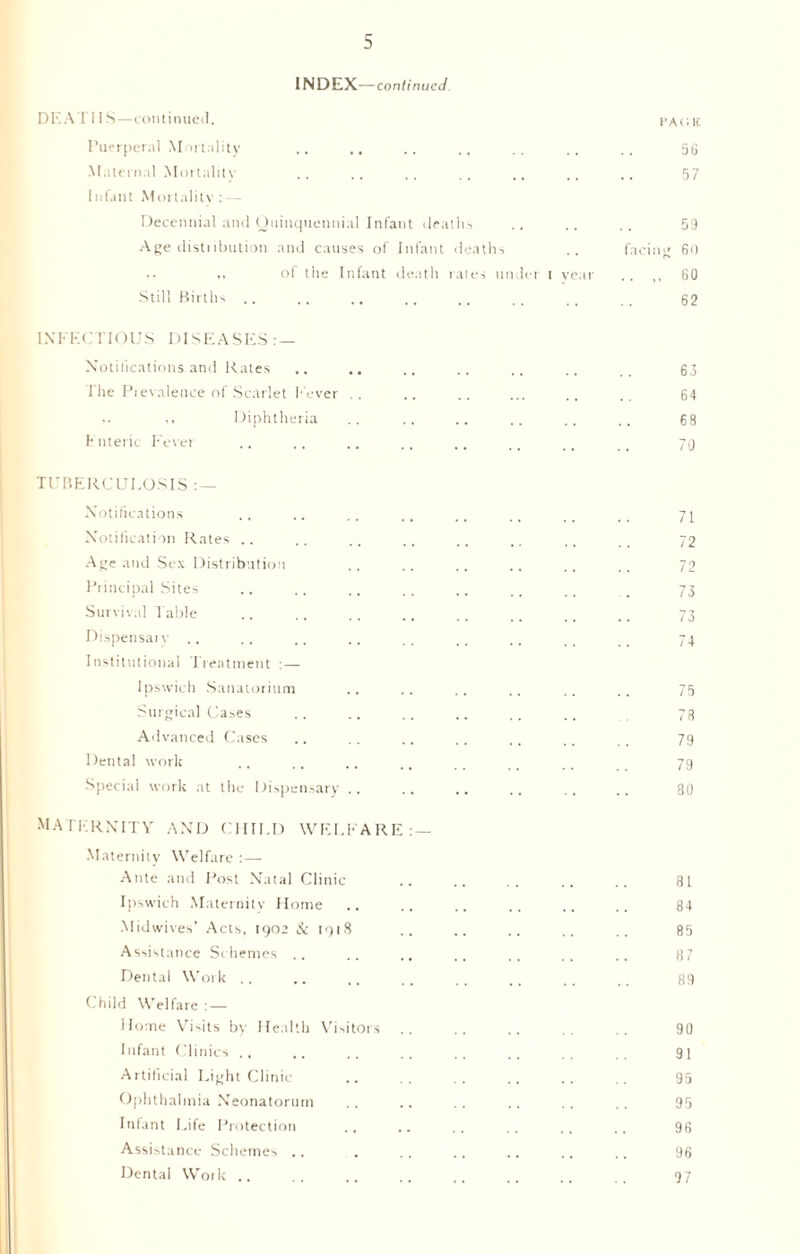 INDEX—continued DEATI IS—continued. pace Puerperal Mortality .. .. .. .. .. .. .. 56 Maternal Mortality .. .. .. .. .. .. .. 57 Infant Mortality : — Decennial and Quinquennial Infant deaths .. .. .. 59 Age distribution and causes of Infant deaths .. facing 60 of the Infant death rates under t year .. ,, 60 Still Births .. .. .. .. .. .. .. 62 INFECTIOUS DISEASES : — Notifications and Rates .. .. .. .. .. .. __ 63 The Prevalence of Scarlet E'ever .. .. .. ... .. .. 64 ,. Diphtheria .. .. .. .. .. .. 68 Enteric Fever .. .. .. .. .. .. .. 7g TUBERCULOSIS : — Notifications .. .. 74 Notification Rates .. .. .. .. .. .. ,, 72 Age and Sex Distribution .. .. .. .. .. .. 72 Principal Sites .. .. .. .. ,, _ 73 Survival Table .. .. .. .. .. .. .. .. 73 Dispensaiv .. .. .. .. . . .. _ 74 Institutional 'Treatment : — Ipswich Sanatorium .. .. .. .. .. .. 75 Surgical Cases .. .. .. .. .. .. 78 Advanced Cases .. .. .. .. .. .. 79 Dental work .. .. .. .. .. 79 Special work at the Dispensary .. .. .. .. .. .. 80 MATERNITY AND CHILD WELFARE: — Maternity Welfare : — Ante and Post Natal Clinic .. .. .. .. .. 81 Ipswich Maternity Home .. .. .. .. .. .. 84 Midwives’ Acts. 1902 & 1918 .. .. .. .. .. 85 Assistance Schemes .. .. .. .. .. .. .. 8 7 Dental Work .. .. .. .. .. .. 89 Child Welfare : — Home Visits by Health Visitors. 90 Infant Clinics .. .. .. .. . . . . . . 91 Artificial Light Clinic .. .. .. .. .. .. 95 Ophthalmia Neonatorum .. .. .. .. .. .. 95 Infant Life Protection .. .. .. .. .. .. 96 Assistance Schemes .. . .. .. .. .. .. 96 Dental Work .. .. .. .. .. .. .. 97