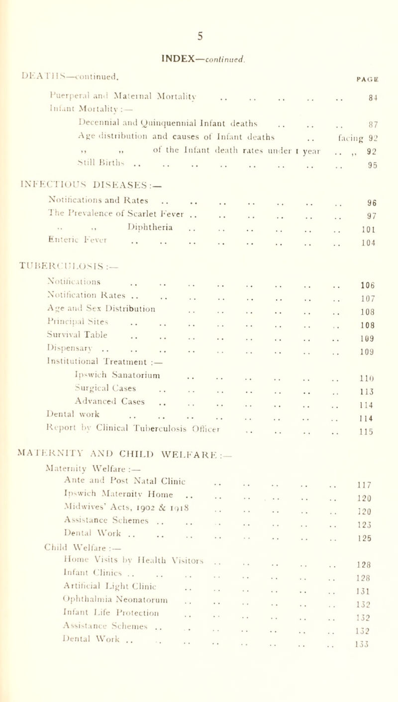 INDEX—continued Dl' A I 11 S—continued. PAGE Puerperal and Maternal Mortality Infant Mortality : — Decennial and yuinquennial Infant deaths Age distribution and causes of Infant deaths <i of the Infant death rates under t year Still Births .. 84 87 facing 92 . 92 95 INFECTIOUS DISEASES : — Notitications and Rates The Prevalence of Scarlet Fever .. ,, Diphtheria Enteric Fever TUBERCULOSIS Notifications Notification Rates .. Age and Sex Distribution Principal Sites Survival Table Dispensary .. Institutional Treatment :— Ipswich Sanatorium Surgical Cases Advanced Cases Dental work Report by Clinical Tuberculosis Officer 96 97 101 104 106 107 108 108 109 109 110 113 114 114 115 MATERNITY AND CHILD WELFARE: Maternity Welfare :—- Ante and Post Natal Clinic Ipswich Maternity Home Midwives' Acts, 1902 Sc 1918 Assistance Schemes Dental Work .. Child Welfare : — Home Visits by Health Visitors Infant < linics Artificial Light Clinic Ophthalmia Neonatorum Infant Life Protection Assistance Schemes .. Dental W ork .. 117 120 120 123 125 128 128 131 132 132 132 133