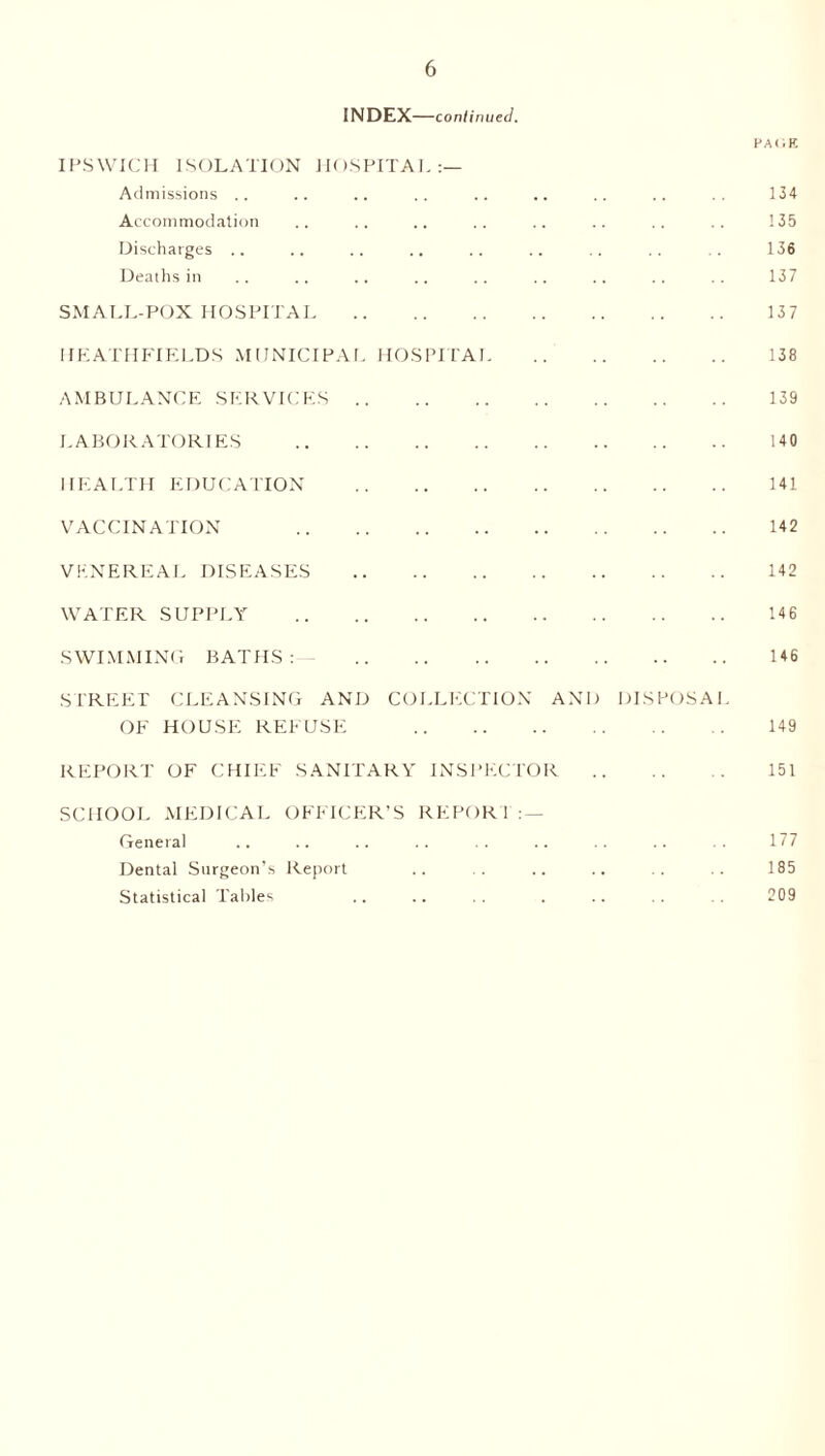 INDEX—continued. PA(«R IPSWICH ISOLATION HOSPITAL:— Admissions .. .. .. .. .. .. .. .. .. 134 Accommodation .. .. .. .. .. .. .. .. 135 Discharges .. .. .. .. .. .. .. .. .. 136 Deaths in .. .. .. .. .. .. .. .. .. 137 SMALL-POX HOSPITAI. 137 HEATHFIELDS MUNICIPAL HOSPITAI. 138 AMBULANCE SERVICES. 139 LABORATORIES . 140 HEALTH EDUCATION . 141 VACCINATION 142 VENEREAL DISEASES . 142 WATER SUPPLY . 14 6 SWIMMING BATHS:— . 146 STREET CLEANSING AND COLLECTION AND DISPOSAL OF HOUSE REFUSE 149 REPORT OF CHIEF SANITARY INSPECTOR . 151 SCHOOL MEDICAL OFFICER'S REPOR1 : — General .. .. .. .. .. .. .. .. .. 177 Dental Surgeon’s Report .. .. .. .. .. .. 185 Statistical Tables .. .. .. . .. .. .. 209