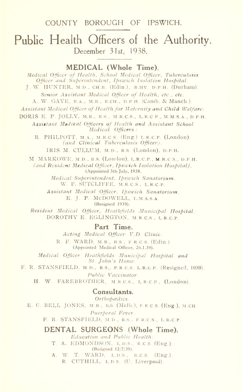 Public Health Officers of the Authority. December 31st, 1938. MEDICAL (Whole Time). Medical Officer of Health, School Medical Officer, Tuberculosis Officer and Superintendent, Ipswich Isolation Hospital J \V. HUNTER, M i) , ch.b. (Edin.), b.hy d.p.h. (Durham). Senior Assistant Medical Officer of Health, etc , etc. A. W GAVE, b a., mb, b.CH., D.p.h. (Cainb. <S; Manch.) Assistant Medical O fficer of Health for Maternity and Child Welfare: DORIS E. P JOLEAT, m.b., b.s., m.r.c.s , l.r.c.p., m.m.s.a., d.p.h. Assistant Medical Officers of Health and Assistant School Medical O fficers : R PHILI’OTT, m.a., M.R.C.S. (Eng.) l.R.C.P. (London). (and Clinical Tuberculosis Officer). IRIS M. CULLUM, m.d , b.s. (London), d.p.h, M. MARKOWE, m.d., b.s. (London), l.R.c.p., m.r.c.s., d.p.h. (and Resident Medical Officer, Ipswich Isolation Hospital). (Appointed 5th July, 1938. Medical Superintendent, Ipswich Sanatorium \V I'. SUTCLIEFE, m.r.c.s., l.R.c.p. Assistant Medical Officer, Ipswich Sanatorium E. J P. McDOWELL, l.m.s.s.a (Resigned 1939). Resident Medical Officer, Heathfields Municipal Hospital DOROTHY E. EGLINGTOX, m.r.c.s., l r.c.p Part Time. Acting Medical Officer V D Clinic R !■'. WARD, m b., b.s , f.r.c.s. (Edin.) (Appointed Medical Officer, 26.1.39). Medical Officer Heathfields Municipal Hospital and St John's Home F. R. STANSFIELD, m.d., b.s., f.r.c.s. l r.c.p (Resigned, 1939) Public Vaccinator H W FAREBROTHER, m.r.c.s., L.R.c.p., (London) Consultants. Orthopaedics E. C BELL JONES, m b., ii.s (Melb.), f.r.c.s. (Eng ), m.ch Puerperal Fever. F. R STANSFIELD, m.d., b.s , f.r.c.s., i. r.c.p DENTAL SURGEONS (Whole Time). Education and Public Health T A. EDMONDSON, L.D.S , R.c.S. (Eng.) (Resigned 12/7/39). A. W. T. WARD, l.d.s., R.c.S. (Eng.) R CUTHILL, l.d.s. (U Liverpool).