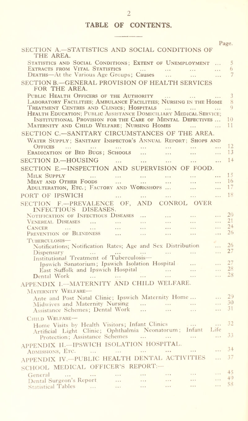 TABLE OF CONTENTS. Page. SECTION A—STATISTICS AND SOCIAL CONDITIONS OF THE AREA. Statistics and Social Conditions; Extent of Unemployment ... 5 Extracts from Vital Statistics ... ... ... ... 6 Deaths—At the Various Age Groups; Causes ... ... ... 7 SECTION B.—GENERAL PROVISION OF HEALTH SERVICES FOR THE AREA. Pcblic Health Officers of the Authority ... ... ... 3 Laboratory Facilities; Ambulance Facilities; Nursing in the Home <S Treatment Centres and Clinics; Hospitals ... ... ... 9 Health Education; Public Assistance Domiciliary Medical Service; Institutional Provision for the Care of Mental Defectives ... 10 Maternity and Child Welfare; Nursing Homes ... ... 11 SECTION C.—SANITARY CIRCUMSTANCES OF THE AREA. Water Supply; Sanitary Inspector’s Annual Report; Shops and Offices Eradication of Bed Bugs; Schools SECTION D.—HOUSING SECTION E.—INSPECTION AND SUPERVISION OF FOOD. Milk Supply Meat and Other Foods Adulteration, Etc.; Factory and Workshops ... PORT OF IPSWICH SECTION F— PREVALENCE OF, AND CONROL OVER INFECTIOUS DISEASES. Notification of Infectious Diseases ... Venereal Diseases Cancer Prevention of Blindness Tuberculosis— Notifications; Notification Rates; Age and Sex Distribution Dispensary Institutional Treatment of Tuberculosis— Ipswich Sanatorium; Ipswich Isolation Hospital East Suffolk and Ipswich Hospital Dental Work APPENDIX I.—MATERNITY AND CHILD WELFARE. Maternity Welfare— Ante and Post Natal Clinic; Ipswich Maternity Home... Midwives and Maternity Nursing Assistance Schemes; Dental Work Child Welfare— Home Visits by Health Visitors; Infant Clinics ... ... Artificial Light Clinic; Ophthalmia Neonatorum; Infant Life Protection; Assistance Schemes APPENDIX II.—IPSWICH ISOLATION HOSPITAL. Admissions, Etc. APPENDIX IV.—PUBLIC HEALTH DENTAL ACTIVITIES ... SCHOOL MEDICAL OFFICER’S REPORT:— General Dental Surgeon’s Report Statistical Tables 12 13 14 15 16 17 IS 20 21 24 26 26 27 27 25 28 29 30 31 32 33 34 37 45 49 58