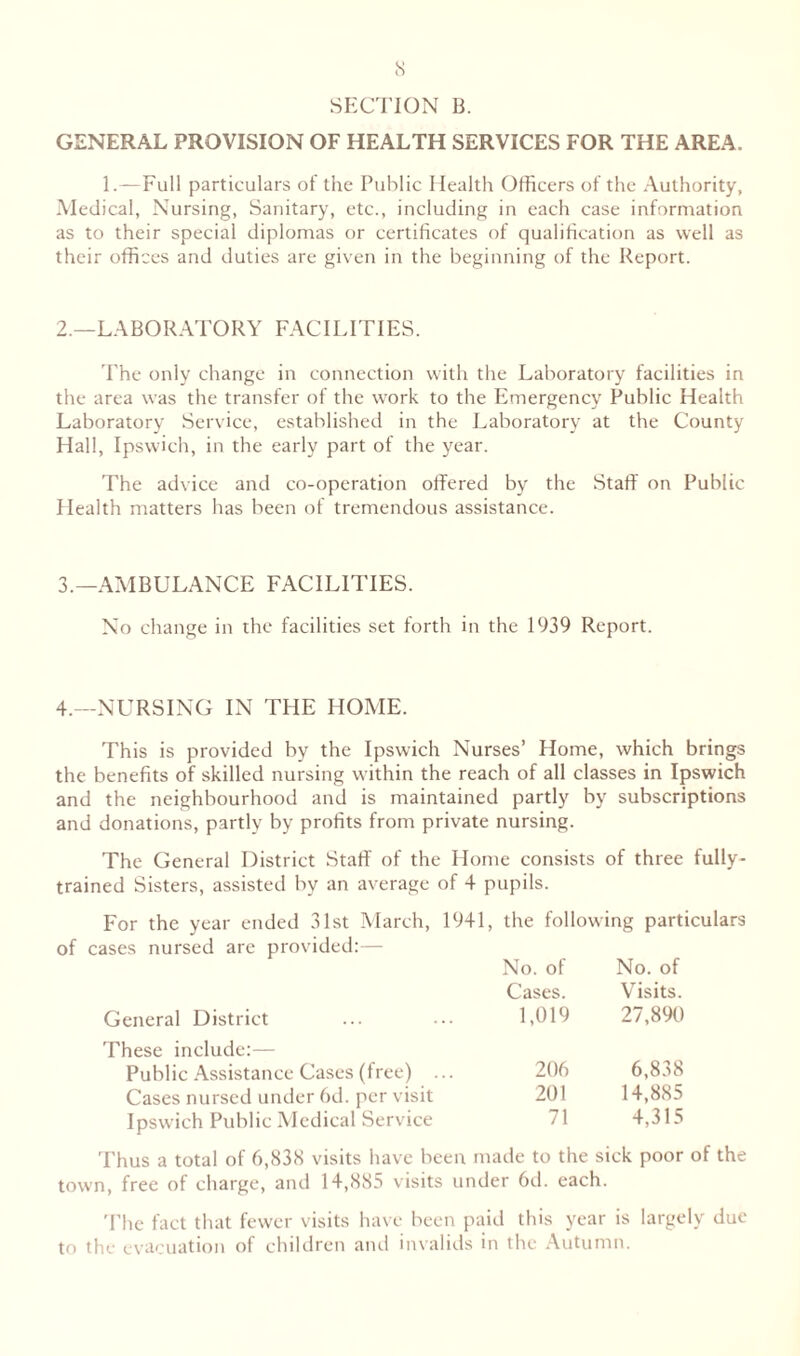 SECTION B. GENERAL PROVISION OF HEALTH SERVICES FOR THE AREA. 1.—Full particulars of the Public Health Officers of the Authority, Medical, Nursing, Sanitary, etc., including in each case information as to their special diplomas or certificates of qualification as well as their offices and duties are given in the beginning of the Report. 2.—LABORATORY FACILITIES. The only change in connection with the Laboratory facilities in the area was the transfer of the work to the Emergency Public Health Laboratory Service, established in the Laboratory at the County Hall, Ipswich, in the early part of the year. The advice and co-operation offered by the Staff on Public Llealth matters has been of tremendous assistance. 3.—AMBULANCE FACILITIES. No change in the facilities set forth in the 1939 Report. 4.—NURSING IN THE HOME. This is provided by the Ipswich Nurses’ Home, which brings the benefits of skilled nursing within the reach of all classes in Ipswich and the neighbourhood and is maintained partly by subscriptions and donations, partly by profits from private nursing. The General District Staff of the Home consists of three tully- trained Sisters, assisted by an average of 4 pupils. For the year ended 31st March, 1941, the following particulars of cases nursed are provided:— General District These include:— Public Assistance Cases (tree) ... Cases nursed under 6d. per visit Ipswich Public Medical Service Thus a total of 6,838 visits have been made to the sick poor of the town, free of charge, and 14,885 visits under 6d. each. The fact that fewer visits have been paid this year is largely due to the evacuation of children and invalids in the Autumn. No. of No. of Cases. Visits. 1,019 27,890 206 6,838 201 14,885 71 4,315