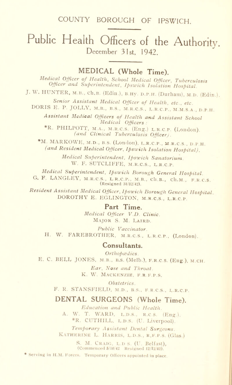 Public Health Officers of the Authority December 31st, 1942. MEDICAL (Whole Time). Medical Officer of Health, School Medical Officer, Tuberculosis Officer and Superintendent, Ipswich Isolation Hospital J. \\. HUNTER, m u., cli.n. (Edin.), b.h_v. d.p.h. (Durham), m.d. (Edin.) Senior Assistant Medical Officer of Health, etc., etc. DORIS E. P. JOLLY, M.B., B.S., M.R.C.S., I.R.C.P., M.M.S.A , D.P.H. Assistant Medical Officers of Health and Assistant School Medical Officers *R. PHILPOTT, m.a., m.r.c.s. (Elis.) D.R.C.P. (London). (and Clinical Tuberculosis Officer). *M. MARKOWE, m.d., b.s. (London), l.R.c.p., m.r.c.s , d.p.h. (and Resident Medical Officer, Ipswich Isolation Hospital). Medical Superintendent, Ipswich Sanatorium. W. F. SUTCLIFFE, m.r.c.s., d.r.c.p. Medical Superintendent, Ipswich Borough General Hospital. G. F. LANGLEY, m.r.c.s., r.r.c.p., m b., cIi.b., ch.M., f.r.c.s. (Resigned 31/12/42). Resident Assistant Medical Officer, Ipswich Borough General Hospital DOROTHY E. KGLINGTON, m.r.c.s., d.r.c.p. Part Time. Medical Officer V D. Clinic. Major S. M. Laird. Public \ 7accinato r H. W. FAREBROTHER, m.r.c.s., i. r.c.p , (London). Consultants. Orthopcedics. E. C. BELL JONES, m b., b.s. (Melb.), f.r.c.s. (Eng.), m.ch. Ear, Nose and Throat K. W. Mackenzie, f.r f.p.s. Obstetrics. F. R. STANSFIELD, m.d , b.s., f.r.c.s., d.r.c.p, DENTAL SURGEONS (Whole Time). Education and Public Health. A. \Y. J. WARD, i, .D.S., r.c.s. (Eng). *R. CUTIIILL, i. D.s. (U. Liverpool). Temporary Assistant Dental Surgeons. Katherine L Harris, i. d.s., r,f.p.s. (Glas.) S. M. Craig, i,.d s. (U. Belfast), (Commenced 5/10/42 Resigned 12/12/42). * Serving in H.M, Forces. Temporary Officers appointed in place.