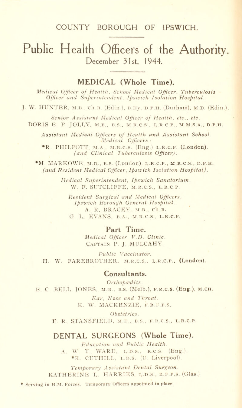 Public Health Officers of the Authority December 31st, 1944. MEDICAL (Whole Time). Medical Officer of Health, School Medical Officer, Tuberculosis Officer and Superintendent, Ipswich Isolation Hospital J. W. HUNTER, m b., cli n (Edin.), b.hv. d.p.h. (Durham), M r>. (Edin.) Senior Assistant Medical Officer of Health, etc., etc. DORIS E P. JOLLY, m.b., b.s., m.r.c.s., d.r.c.p., m.m.s.a., d.p.h. Assistant Medical Officers of Health and Assistant School Medical Officers : *R PHILPOTT, m a , m.r.c.s. (Eng.) l r.c.p. (London). (and Clinical Tuberculosis Officer). *M MARKOWE, M.D., B.S. (London), I..r.c.p., m.r.c.s., d.p.h. (and Resident Medical Officer, Ipswich Isolation Hospital). Medical Superintendent, Ipswich Sanatorium. W. F. SUTCLIFFE, m.r.c.s., l.r.c.p. Resident Surgical and Medical Officers, Ipswich Borough General Hospital A. R. BRACEY, m b., ch.B. G. L. EVANS, b.a., m.r.c.s., d.r.c.p. Part Time. Medical Officer V D Clinic Captain P. J. MULCAHY. Public Vaccinator. H. \V. FAREBROTHER, m.r.c.s., l.r.c.p.. (London). Consultants. Orthopedics. E. C. BELL JONES, m.b , b.s. (Melb.), f.r.c.s. (Eng ), m.ch. Ear, Nose and Throat K. W MACKENZIE, F R F.P.S. Obstetrics F R STANSFIELD, m n . b s . F ii.es, i.r.c.p. DENTAL SURGEONS (Whole Time). Education and Public Health A. \V T. WARD, I..D.S, R.C.S. (Eng). *R CUTHILL. i. n s. (U Liverpool). Temporary Assistant Dental Surgeon KATHERINE L. HARRIES, d.d.s., r.f.p.s. (Glas ) ServinR in H M. Forces. Temporary Officers appointed in place