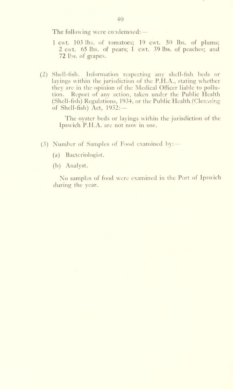 The following were condemned:— 1 cwt. 103 lbs. of tomatoes; 19 cvvt. 50 lbs. of plums; 2 cut. 65 lbs. of pears; 1 cut. 39 lbs. of peaches; and 72 lbs. of grapes. (2) Shell-fish. Information respecting any shell-fish beds or layings within the jurisdiction of the P.H.A., stating whether they are in the opinion of the Medical Officer liable to pollu- tion. Report of any action, taken under the Public Health (Shell-fish) Regulations, 1934, or the Public Health (Cleansing of Shell-fish) Act, 1932:— The oyster beds or layings within the jurisdiction of the Ipswich P.H.A. are not now in use. (3) Number of Samples of Food examined by:— (a) Bacteriologist. (b) Analyst. No samples of food were examined in the Port of Ipswich during the year.