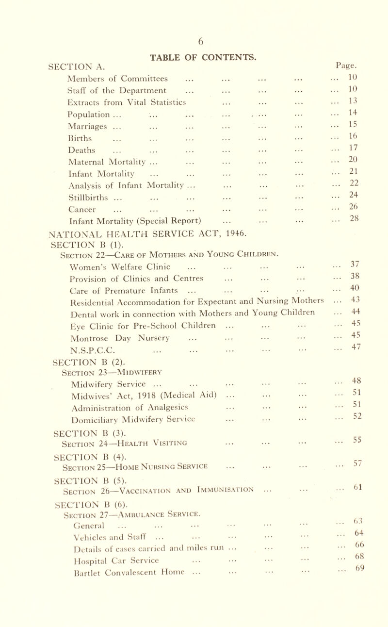 TABLE OF CONTENTS. SECTION A. Members of Committees Staff of the Department Extracts from Vital Statistics Population ... ... ... ... . Marriages ... Births Deaths Maternal Mortality ... Infant Mortality Analysis of Infant Mortality... Stillbirths ... Cancer Infant Mortality (Special Report) NATIONAL HEALTH SERVICE ACT, 1946. SECTION B (1). Section 22—Care of Mothers and Young Children. Women’s Welfare Clinic Provision of Clinics and Centres Care of Premature Infants Residential Accommodation for Expectant and Nursing Mothers Dental work in connection with Mothers and Young Children Eye Clinic for Pre-School Children Montrose Day Nursery N.S.P.C.C. SECTION B (2). Section 23—Midwifery Midwifery Service ... Midwives’ Act, 1918 (Medical Aid) ... Administration of Analgesics Domiciliary Midwifery Service SECTION B (3). Section 24—Health Visiting SECTION B (4). Section 25—Home Nursing Service SECTION B (5). Section 26—Vaccination and Immunisation SECTION B (6). Section 27—Ambulance Service. General Vehicles and Staff Details of cases carried and miles run ... Hospital Car Service Bartlet Convalescent Home ... Page. . 10 . 10 .. 13 . 14 . 15 . 16 .. 17 .. 20 .. 21 .. 22 .. 24 .. 26 .. 28 37 38 40 43 44 45 45 47 48 51 51 52 55 57 61 63 64 66 68 69