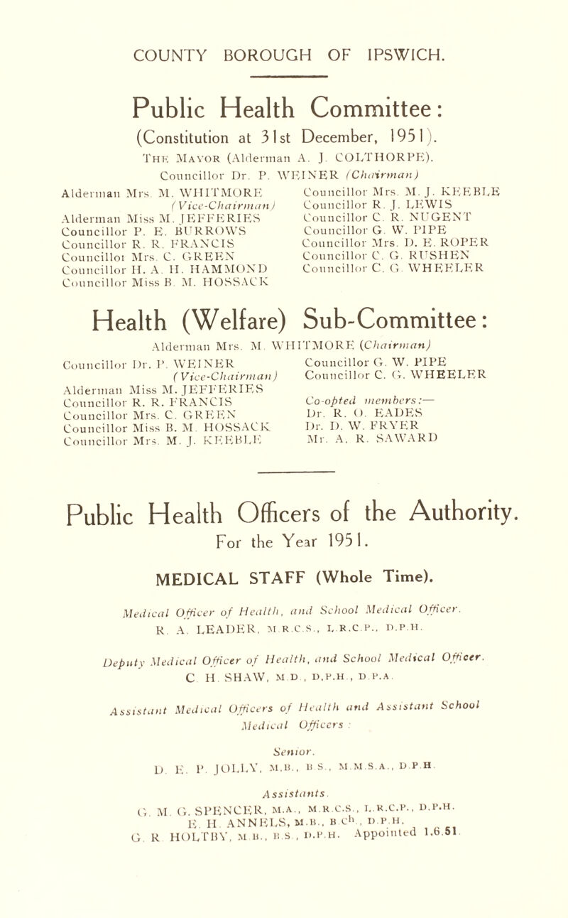 COUNTY BOROUGH OF IPSWICH. Public Health Committee: (Constitution at 31st December, 1931). Thk Mayor (Alderman A. J COLTHORPE). Councillor Dr. P. WEINER (Chairman) Alderman Mrs M. WHITMORE ( V ice-Chairman) Alderman Miss M. JEFFERIES Councillor P. E. BORROWS Councillor R R. FRANCIS Councillor Mrs C. GREEN Councillor H. A. II. HAMMOND Councillor Miss B M. IT OSS A C K Councillor Mrs. M. J. KF.EBI.E Councillor R J. LEWIS Councillor C R. NUGENT Councillor G W. PIPE Councillor Mrs. D. E. ROPER Councillor C. G. RUSHEN Councillor C. G WHEF1LER Health (Welfare) Sub-Committee: Alderman Mrs. M WHITMORE (Chairman) Councillor Dr. P. WEINER ( Vice-Chairman) Alderman Miss M. JEFFERIES Councillor R. R. F'RANCIS Councillor Mrs. C. GREEN Councillor Miss II. M. HOSSACK Councillor Mrs. M. J. KTTEBLE Councillor G. W. PIPE Councillor C. G. WHEELER Co-opted members:— Dr. R. O. FADES Dr. D. W. FRYER Mr. A. R. vSAWARD Public Health Officers of the Authority. For the Year 195 1. MEDICAL STAFF (Whole Time). Medical Officer of Health, and School Medical Officer. R A. LEADER, M.R.e.s., i. r.c.p., d.p.h. Deputy Medical Officer of Health, and School Medical Officer. C H SHAW, M.D , d.p.h , D P.A Assistant Medical Officers of Health and Assistant School Medical Officers Senior. D E. P JOLLY, m.b., ns , m.m.s.a., d.p.h. Assistants G M G. SPENCER. M. A., M.R.C.S., I,. R.C.P., D.P.H. E. II ANNELS, M.B., R d> , d.p.h. G. R HOLTBY, mb., ns, d.p.h. Appointed l.b.51