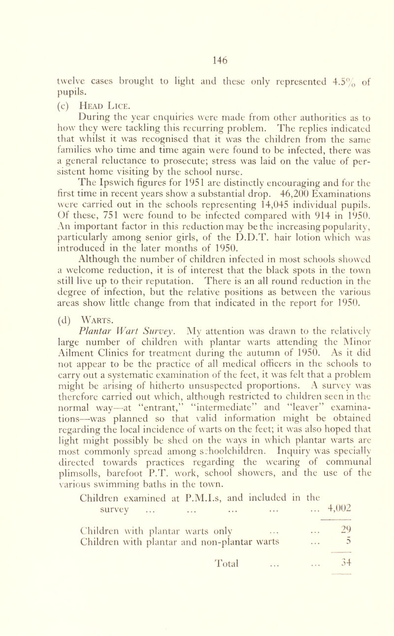 twelve cases brought to light and these only represented 4.5% of pupils. (c) Head Lice. During the year enquiries were made from other authorities as to how they were tackling this recurring problem. The replies indicated that whilst it was recognised that it was the children from the same families who time and time again were found to be infected, there was a general reluctance to prosecute; stress was laid on the value of per¬ sistent home visiting by the school nurse. The Ipswich figures for 1951 are distinctly encouraging and for the first time in recent years show a substantial drop. 46,200 Examinations were carried out in the schools representing 14,045 individual pupils. Of these, 751 were found to be infected compared with 914 in 1950. An important factor in this reduction may be the increasing popularity, particularly among senior girls, of the D.D.T. hair lotion which was introduced in the later months of 1950. Although the number of children infected in most schools showed a welcome reduction, it is of interest that the black spots in the town still live up to their reputation. There is an all round reduction in the degree of infection, but the relative positions as between the various areas show little change from that indicated in the report for 1950. (d) Warts. Plantar Wart Survey. My attention was drawn to the relatively large number of children with plantar warts attending the Minor Ailment Clinics for treatment during the autumn of 1950. As it did not appear to be the practice of all medical officers in the schools to carry out a systematic examination of the feet, it was felt that a problem might be arising of hitherto unsuspected proportions. A survey was therefore carried out which, although restricted to children seen in the normal way—at “entrant,” “intermediate” and “leaver” examina¬ tions—was planned so that valid information might be obtained regarding the local incidence of w arts on the feet; it was also hoped that light might possibly be shed on the ways in which plantar warts are most commonly spread among schoolchildren. Inquiry was specially directed towards practices regarding the wearing of communal plimsolls, barefoot P.T. work, school showers, and the use of the various swimming baths in the town. Children examined at P.M.I.s, and included in the survey Children with plantar warts only Children with plantar and non-plantar warts 4,002 29 5