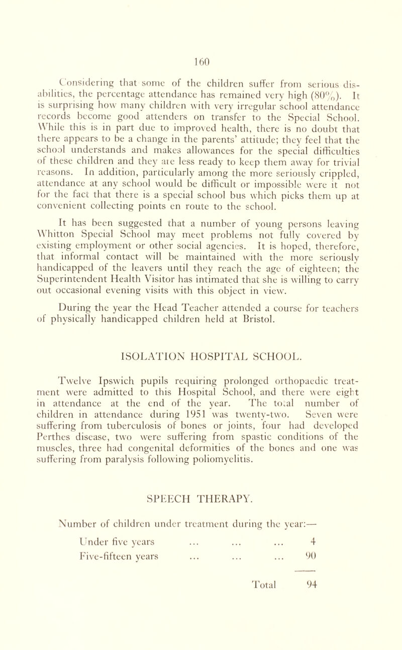 Considering that some of the children suffer from serious dis¬ abilities, the percentage attendance has remained very high (80%). It is surprising how many children with very irregular school attendance records become good attenders on transfer to the Special School. While this is in part due to improved health, there is no doubt that there appears to be a change in the parents’ attitude; they feel that the school understands and makes allowances for the special difficulties of these children and they ate less ready to keep them away for trivial reasons. In addition, particularly among the more seriously crippled, attendance at any school would be difficult or impossible were it not for the fact that there is a special school bus which picks them up at convenient collecting points en route to the school. It has been suggested chat a number of young persons leaving Whitton Special School may meet problems not fully covered by existing employment or other social agencies. It is hoped, therefore, that informal contact will be maintained with the more seriously handicapped of the leavers until they reach the age of eighteen; the Superintendent Health Visitor has intimated that she is willing to carry out occasional evening visits with this object in view. During the year the Head Teacher attended a course for teachers of physically handicapped children held at Bristol. ISOLATION HOSPITAL SCHOOL. Twelve Ipswich pupils requiring prolonged orthopaedic treat¬ ment were admitted to this Hospital School, and there were eight in attendance at the end of the year. The total number of children in attendance during 1951 wras twenty-two. Seven w!ere suffering from tuberculosis of bones or joints, four had developed Perthes disease, two were suffering from spastic conditions of the muscles, three had congenital deformities of the bones and one was suffering from paralysis following poliomyelitis. SPEECH THERAPY. Number of children under treatment during the year:— Under five years Five-fifteen years 4 90 Total 94