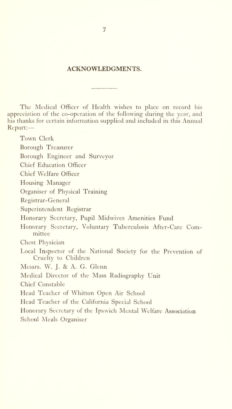 ACKNOWLEDGMENTS. The Medical Officer of Health wishes to place on record his appreciation of the co-operation of the following during the year, and his thanks for certain information supplied and included in this Annual Report:— Town Clerk Borough Treasurer Borough Engineer and Surveyor Chief Education Officer Chief Welfare Officer Housing Manager Organiser of Physical Training Registrar-General Superintendent Registrar Honorary Secretary, Pupil Midwives Amenities Fund Honorary Secretary, Voluntary Tuberculosis After-Care Com- mittee Chest Physician J Local Inspector of the National Society for the Prevention of Cruelty to Children Messrs. W. J. & A. G. Glenn Medical Director of the Mass Radiography Unit Chief Constable Head Teacher of Whitton Open Air School Head Teacher of the California Special School Honorary Secretary of the Ipswich Mental Welfare Association School Meals Organiser