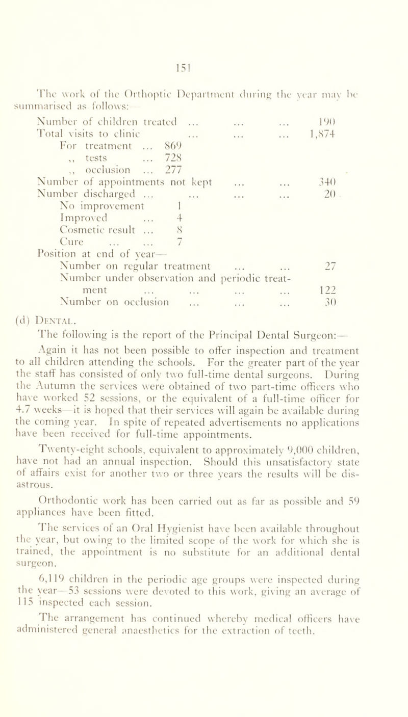 The work of the Orthoptic Department during the year may be summarised as follows: Number of children treated 191) Total visits to clinic 1,874 For treatment ... 869 ,, tests ... 728 ,, occlusion ... 277 Number of appointments not kept 340 Number discharged ... 20 No improvement I Improved ... 4 Cosmetic result ... 8 Cure ... ... 7 Position at end of year— Number on regular treatment ... ... 27 Number under observation and periodic treat- ment ... ... ... ... 122 Number on occlusion ... ... ... 30 (d) Dental. The following is the report of the Principal Dental Surgeon:— Again it has not been possible to offer inspection and treatment to all children attending the schools. For the greater part of the year the staff has consisted of only two full-time dental surgeons. During the Autumn the services were obtained of two part-time officers who have worked 52 sessions, or the equivalent of a full-time officer for 4.7 weeks it is hoped that their services will again be available during the coming year. In spite ot repeated advertisements no applications have been received for full-time appointments. Twenty-eight schools, equivalent to approximately 9,000 children, have not had an annual inspection. Should this unsatisfactory state of affairs exist for another two or three years the results will be dis- astrous. Orthodontic work has been carried out as far as possible and 59 appliances have been fitted. The services of an Oral Hygienist have been available throughout the year, but owing to the limited scope of the work for w hich she is trained, the appointment is no substitute for an additional dental surgeon. 6,119 children in the periodic age groups were inspected during the year 53 sessions were devoted to this work, giving an average of 115 inspected each session. The arrangement has continued whereby medical officers have administered general anaesthetics for the extraction of teeth.