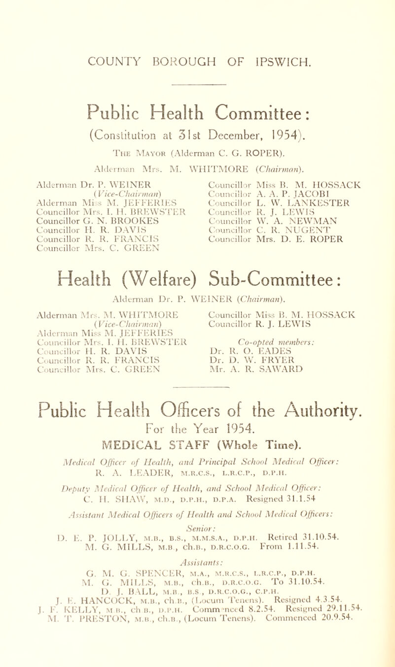 BOROUGH OF IPSWICH. COUNTY Public Health Committee: (Constitution at 31st December, 1954). The Mayor (Alderman C. G. ROPER). Alderman Mrs. M. Alderman Dr. P. WEINER (Vice-Chairman) Alderman Mi s M. JEFFERIES Councillor Mrs. I. H. BREWSTER Councillor G. N. BROOKES Councillor H. R. DAVIS Councillor R. R. FRANCIS Councillor Mrs. C. GREEN WHITMORE (Chairman). Councillor Miss IF M. IIOSSACK Councillor A. A. P. 1ACOBI Councillor L. W. LANKESTER Councillor R. (. LEWIS Councillor W. A. NEWMAN Councillor C. R. NUGENT Councillor Mrs. D. E. ROPER Health (Welfare) Sub-Committee: Alderman Dr. P. Alderman Mrs. M. WHITMORE (Vice-Chairman) Alderman Miss M. JEF FERIES Councillor Mrs. I. II. BREWSTER Councillor II. R. DAVIS Councillor R. R. FRANCIS Councillor Mrs. C. GREEN WEINER (Chairman). Councillor Miss B. M. IIOSSACK Councillor R. J. LEWIS Co-opted members: Dr. R. O. FADES Dr. D. W. FRYER Mr. A. R. SAWARD Public Health Officers of the Authority. For the Year 1954. MEDICAL STAFF (Whole Time). Medical Officer of Health, and Principal School Medical Officer: R. A. LEADER, m.r.c.s., l.r.c.p., d.p.ii. Deputy Medical Officer of Health, and School Medical Officer: C. IF SFIAW, m.d., d.p.h., d.p.a. Resigned 31.1.54 Assistant Medical Officers of Health and School Medical Officers: Senior: D. E. P. JOLLY, m.b., B.s., m.m.s.a., d.p.h. Retired 31.10.54. M. G. MILLS, M.B., ch.B., d.r.c.o.g. P'rom 1.11.54. Assistants: G. M. G. SPENCER, m.a., m.r.c.s., i..r.c.p., d.p.h. M. G. MILLS, m.b., ch.B., d.r.c.o.g. To 31.10.54. 1) J. BALL, m.b , u.s , D.R.C.O.G., C.P.H. J. F. HANCOCK, m.b., ch.B., (Locum Tenens). Resigned 4.3.54. J. F. KELLY, mb., eh b., d.p.h. Comm need 8.2.54. Resigned 29.11.54.