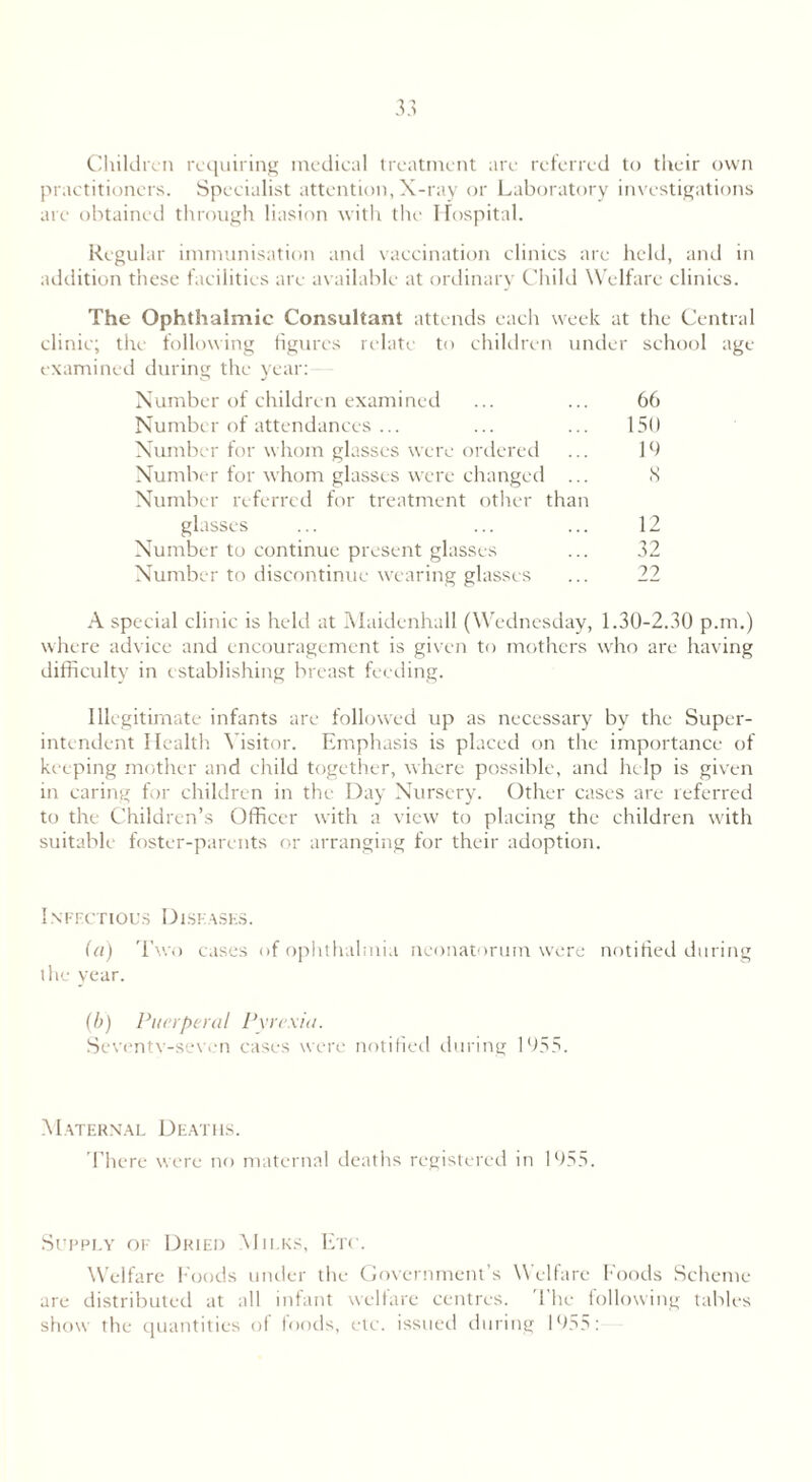 Children requiring medical treatment are referred to their own practitioners. Specialist attention, X-ray or Laboratory investigations arc obtained through liasion with the Hospital. Regular immunisation and vaccination clinics are held, and in addition these facilities are available at ordinary Child Welfare clinics. The Ophthalmic Consultant attends each week at the Central clinic; the following figures relate to children under school age examined during the year: Number of children examined Number of attendances ... Number for whom glasses were ordered Number for whom glasses were changed ... Number referred for treatment other than glasses Number to continue present glasses Number to discontinue wearing glasses A special clinic is held at Maidenhall (Wednesday, 1.30-2.30 p.m.) where advice and encouragement is given to mothers who are having difficulty in establishing breast feeding. Illegitimate infants are followed up as necessary by the Super- intendent Health Visitor. Emphasis is placed on the importance of keeping mother and child together, where possible, and help is given in caring for children in the Day Nursery. Other cases are referred to the Children’s Officer with a view to placing the children with suitable foster-parents or arranging for their adoption. 66 150 10 S 12 32 22 Infectious Diseases. (a) Two cases of ophthalmia neonatorum were notified during the year. (b) Puerperal Pyrexia. Scventv-seven cases were notified during 1055. Maternal Deaths. There were no maternal deaths registered in 1955. Supply of Dried Milks, Etc. Welfare Foods under the Government’s Welfare Foods Scheme are distributed at all infant welfare centres. The following tables show the quantities of foods, etc. issued during 1055: