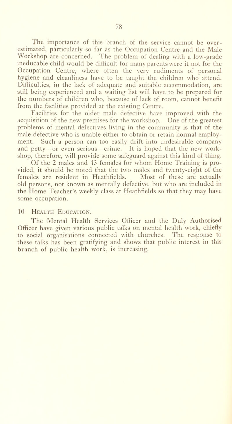 The importance of this branch of the service cannot be over- estimated, particularly so far as the Occupation Centre and the Male Workshop are concerned. The problem of dealing with a low-grade ineducable child would be difficult for many parents were it not for the Occupation Centre, where often the very rudiments of personal hygiene and cleanliness have to be taught the children who attend. Difficulties, in the lack of adequate and suitable accommodation, are still being experienced and a waiting list will have to be prepared for the numbers of children who, because of lack of room, cannot benefit from the facilities provided at the existing Centre. Facilities for the older male defective have improved with the acquisition of the new premises for the workshop. One of the greatest problems of mental defectives living in the community is that of the male defective who is unable either to obtain or retain normal emplov- ment. Such a person can too easily drift into undesirable company and petty—or even serious—crime. It is hoped that the new work- shop, therefore, will provide some safeguard against this kind of thing. Of the 2 males and 43 females for whom Home Training is pro- vided, it should be noted that the two males and twenty-eight of the females are resident in Heathfields. Most of these are actually old persons, not known as mentally defective, but who are included in the Home Teacher’s weekly class at Heathfields so that they may have some occupation. 10 Health Education. The Mental Health Services Officer and the Duly Authorised Officer have given various public talks on mental health work, chiefly to social organisations connected with churches. The response to these talks has been gratifying and shows that public interest in this branch of public health work, is increasing.